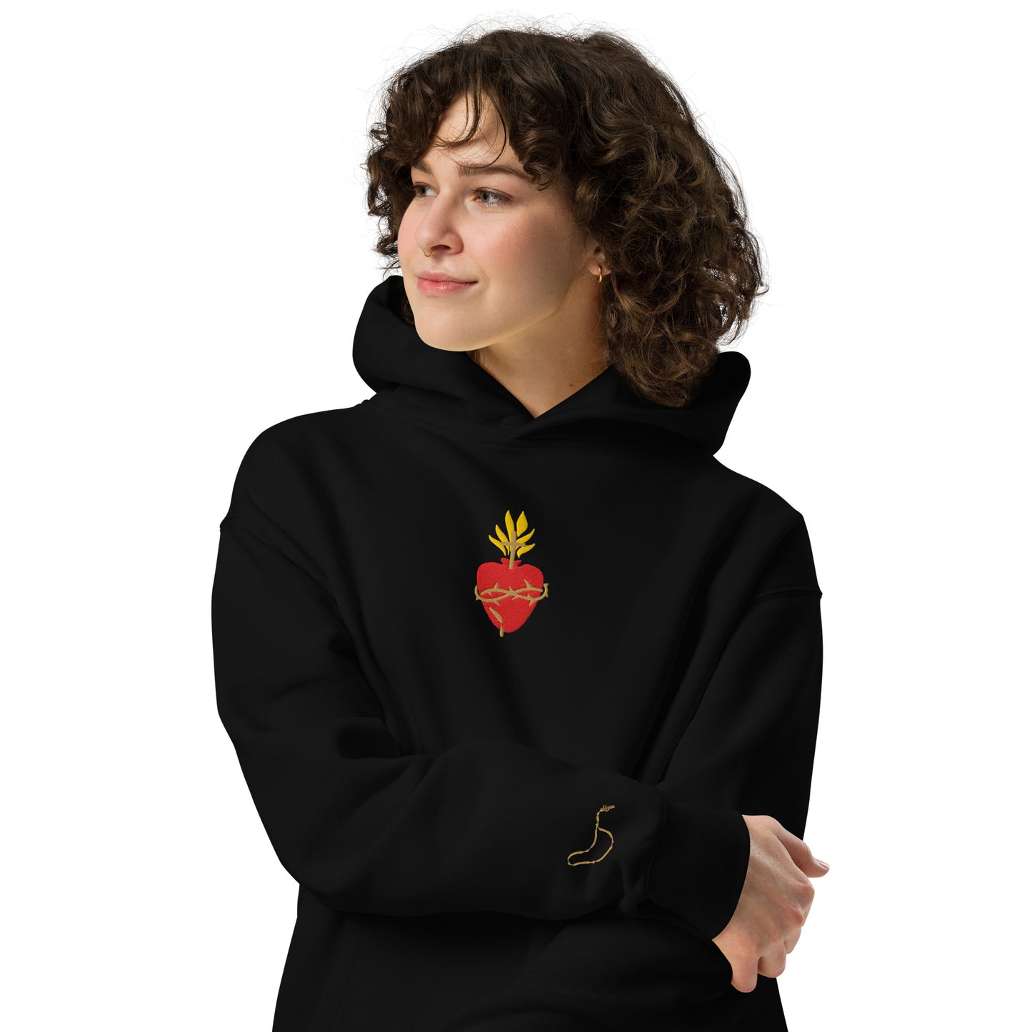 Scattered The Sacred Heart of Jesus Embroidered Premium Streetwear Hoodie Sweatshirt Black