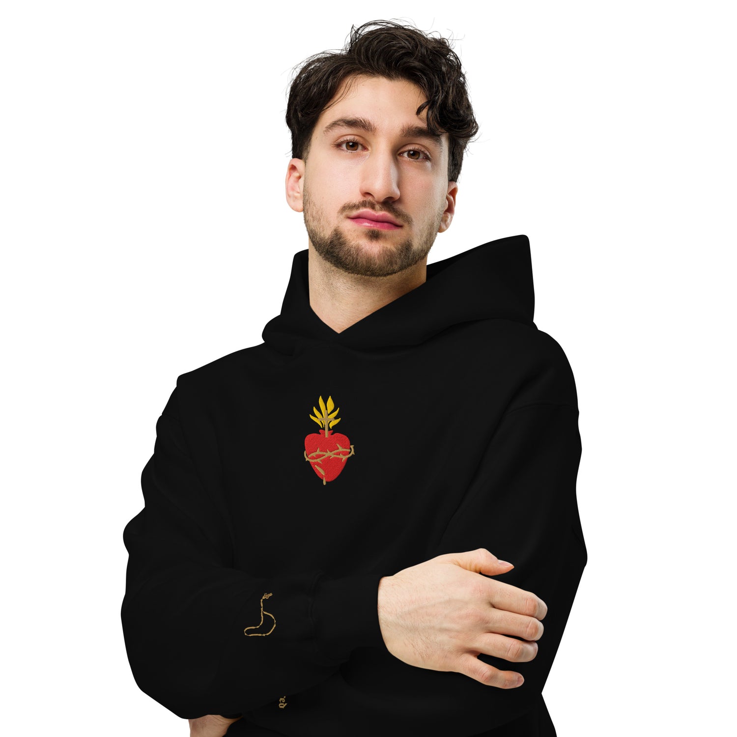 Scattered The Sacred Heart of Jesus Embroidered Premium Streetwear Hoodie Sweatshirt Black