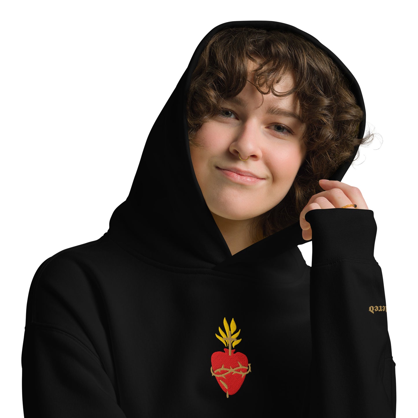 Scattered The Sacred Heart of Jesus Embroidered Premium Streetwear Hoodie Sweatshirt Black