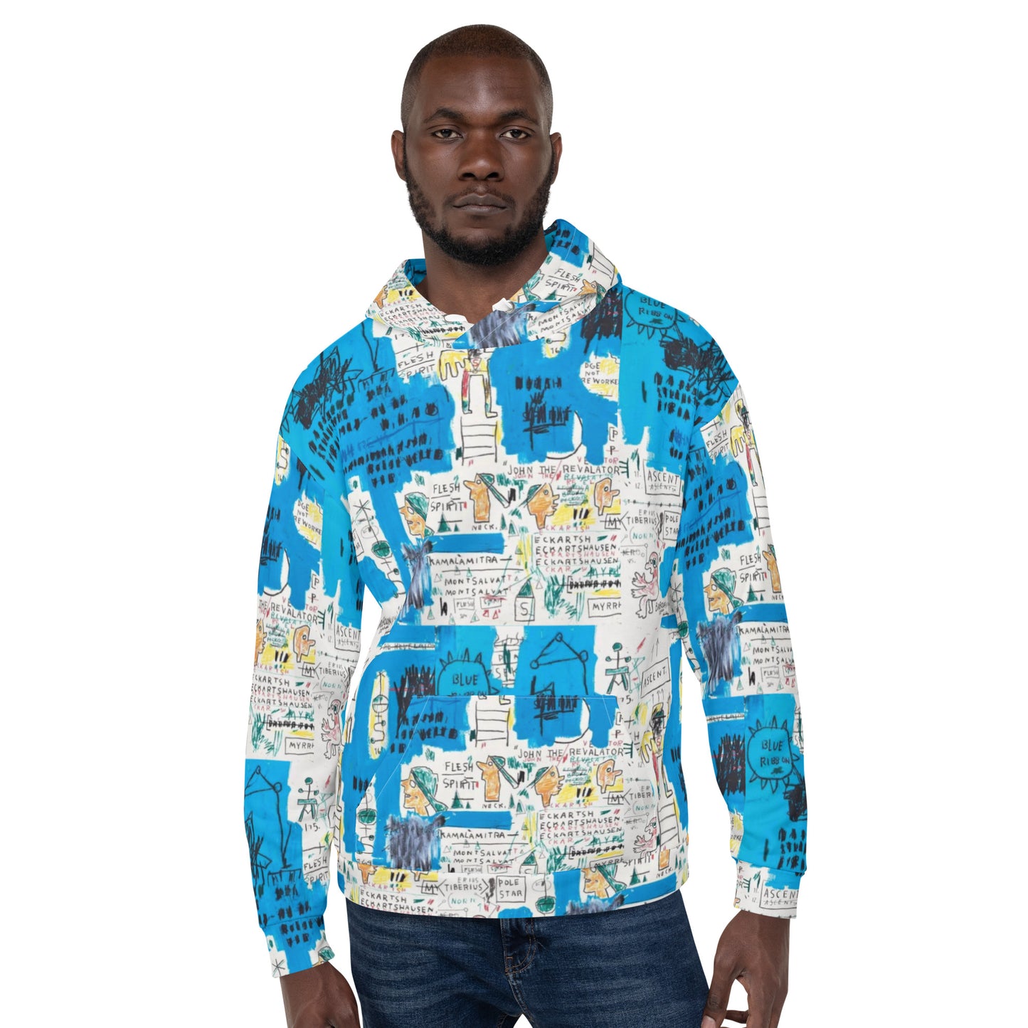 Jean-Michel Basquiat "Ascent" Artwork All Over Printed White and Blue Sweatshirt Hoodie Scattered Streetwear