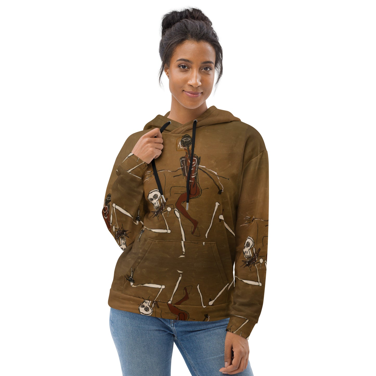 Jean-Michel Basquiat "Riding With Death" Artwork All Over Printed Brown Sweatshirt Hoodie Scattered Streetwear