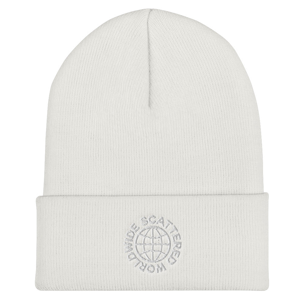 White Embroidered Worldwide Logo Cuffed Beanie