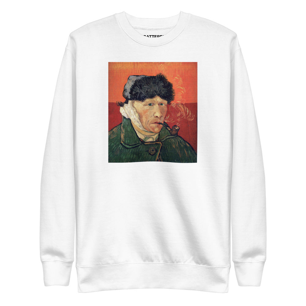 Vincent Van Gogh Self-Portrait with Bandaged Ear and Pipe (1889) Painting Printed Premium White Crewneck Sweatshirt Streetwear