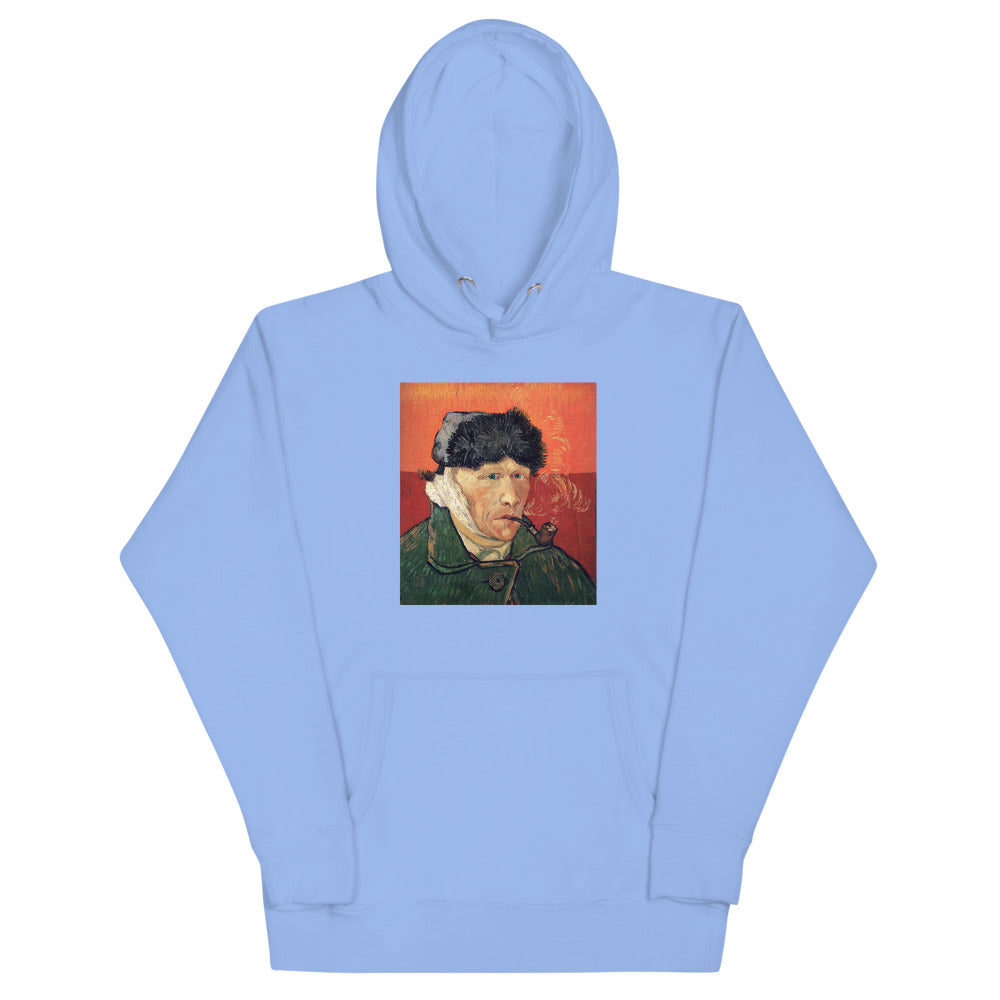 Vincent Van Gogh Self-Portrait with Bandaged Ear and Pipe (1889) Painting Printed Premium Carolina Blue Hoodie Sweatshirt Streetwear