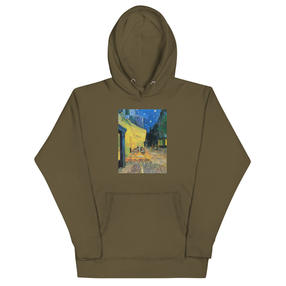 Vincent Van Gogh Café Terrace at Night Painting Printed Premium Olive Green Hoodie Sweatshirt Streetwear