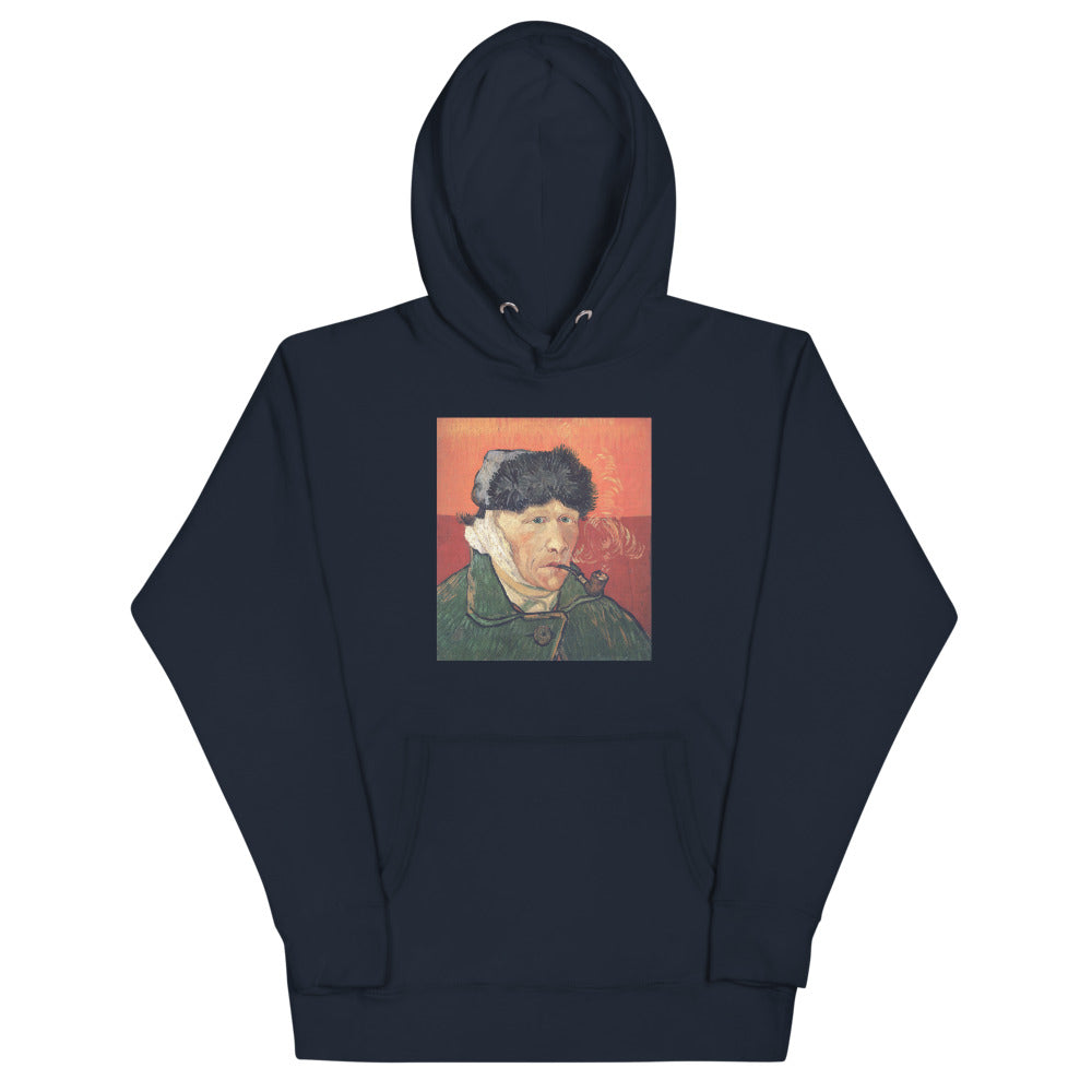 Vincent Van Gogh Self-Portrait with Bandaged Ear and Pipe (1889) Painting Printed Premium Navy Blue Hoodie Sweatshirt Streetwear