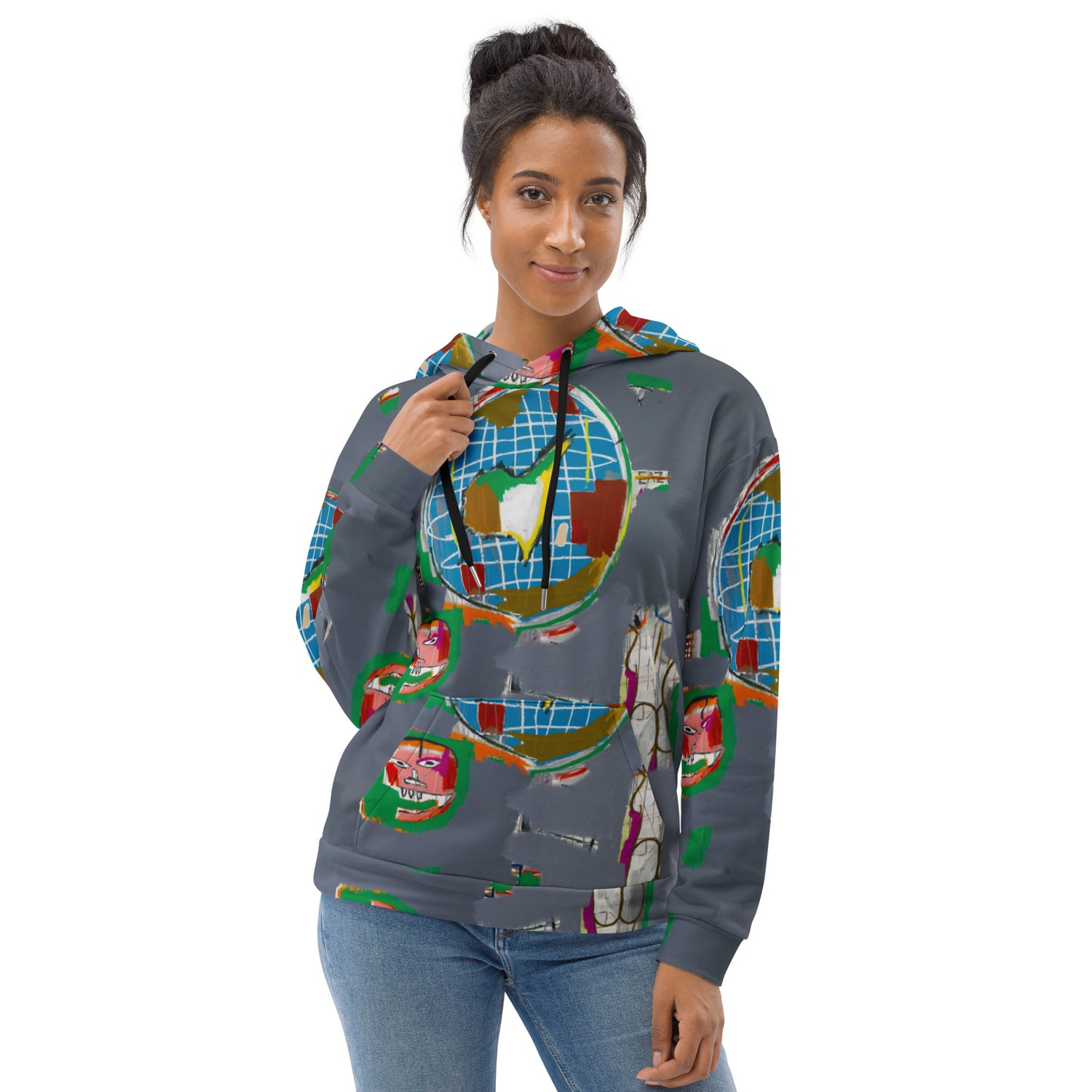Jean-Michel Basquiat "At Large" Globe Artwork All Over Printed Grey Sweatshirt Hoodie Scattered Streetwear