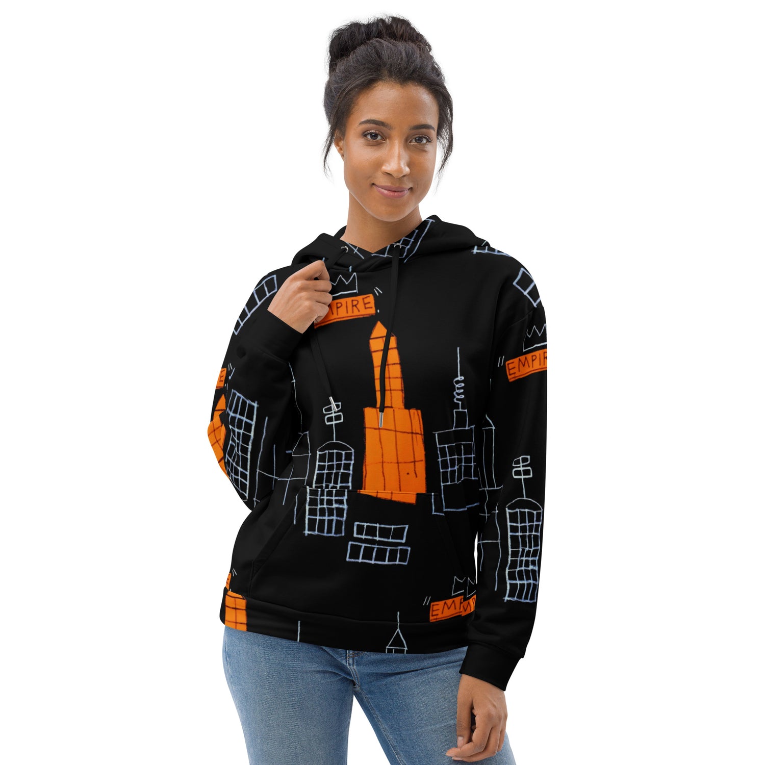 Jean-Michel Basquiat "Mecca" Artwork All Over Printed Black and Orange Sweatshirt Hoodie Scattered Streetwear