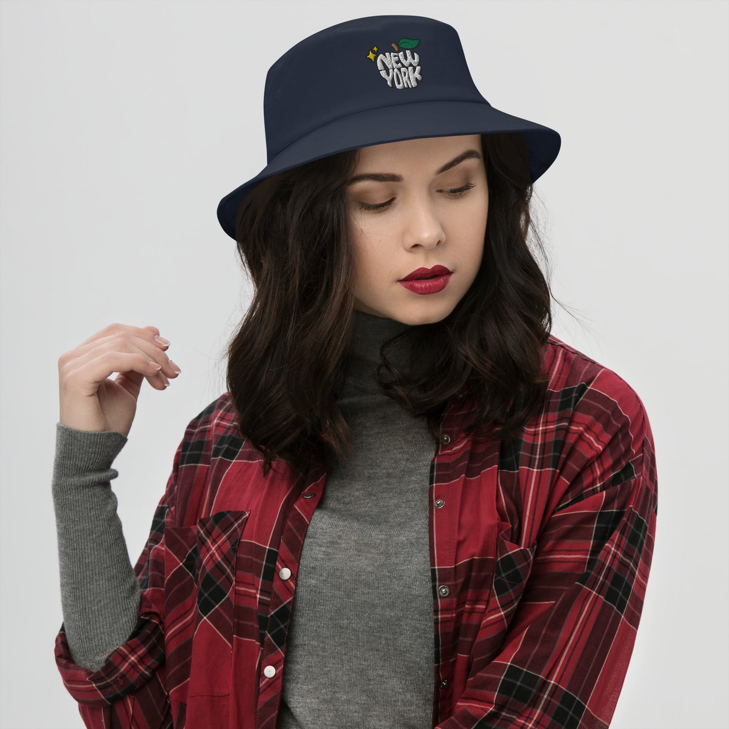 New York Apple Logo Embroidered Navy Blue Bucket Hat Scattered Streetwear
