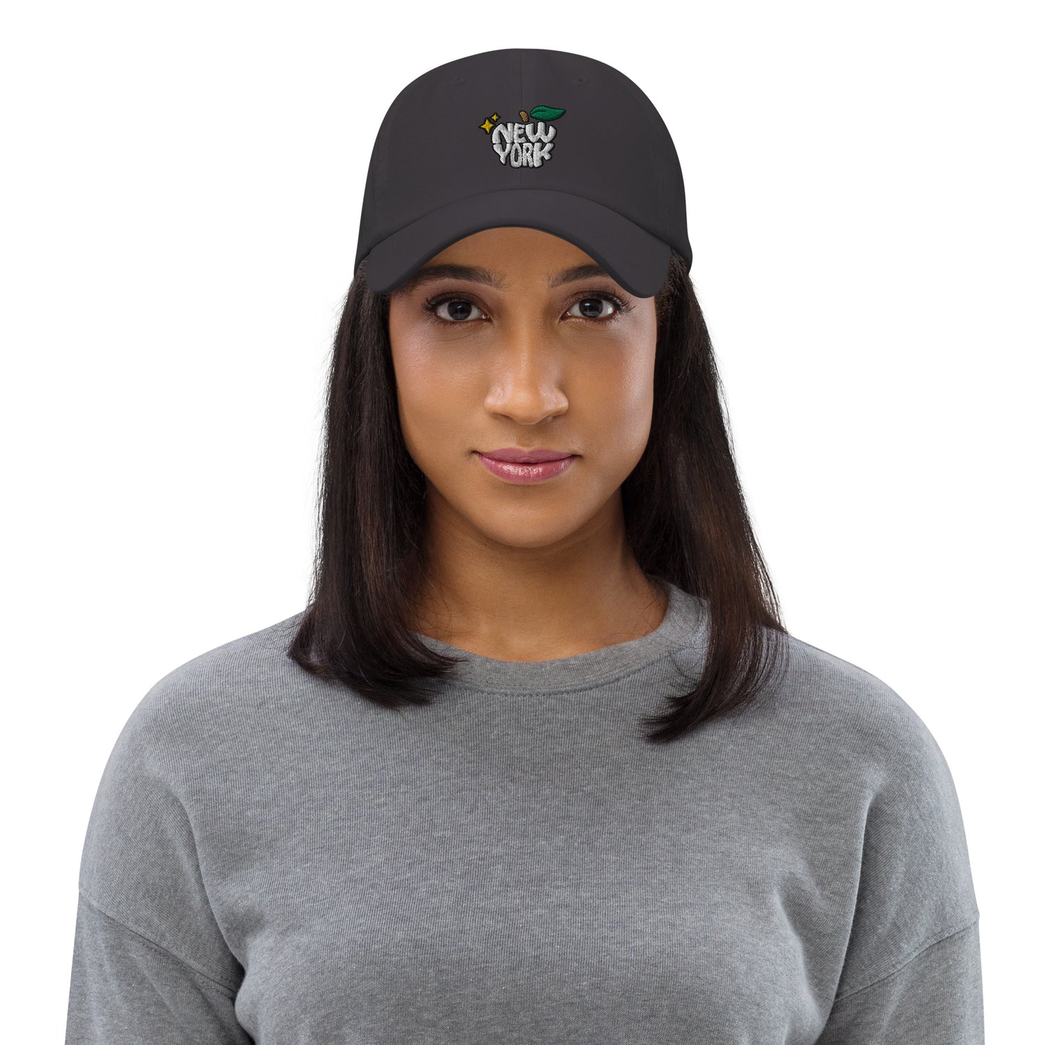 New York Apple Logo Embroidered Charcoal Grey Dad Hat Scattered Streetwear