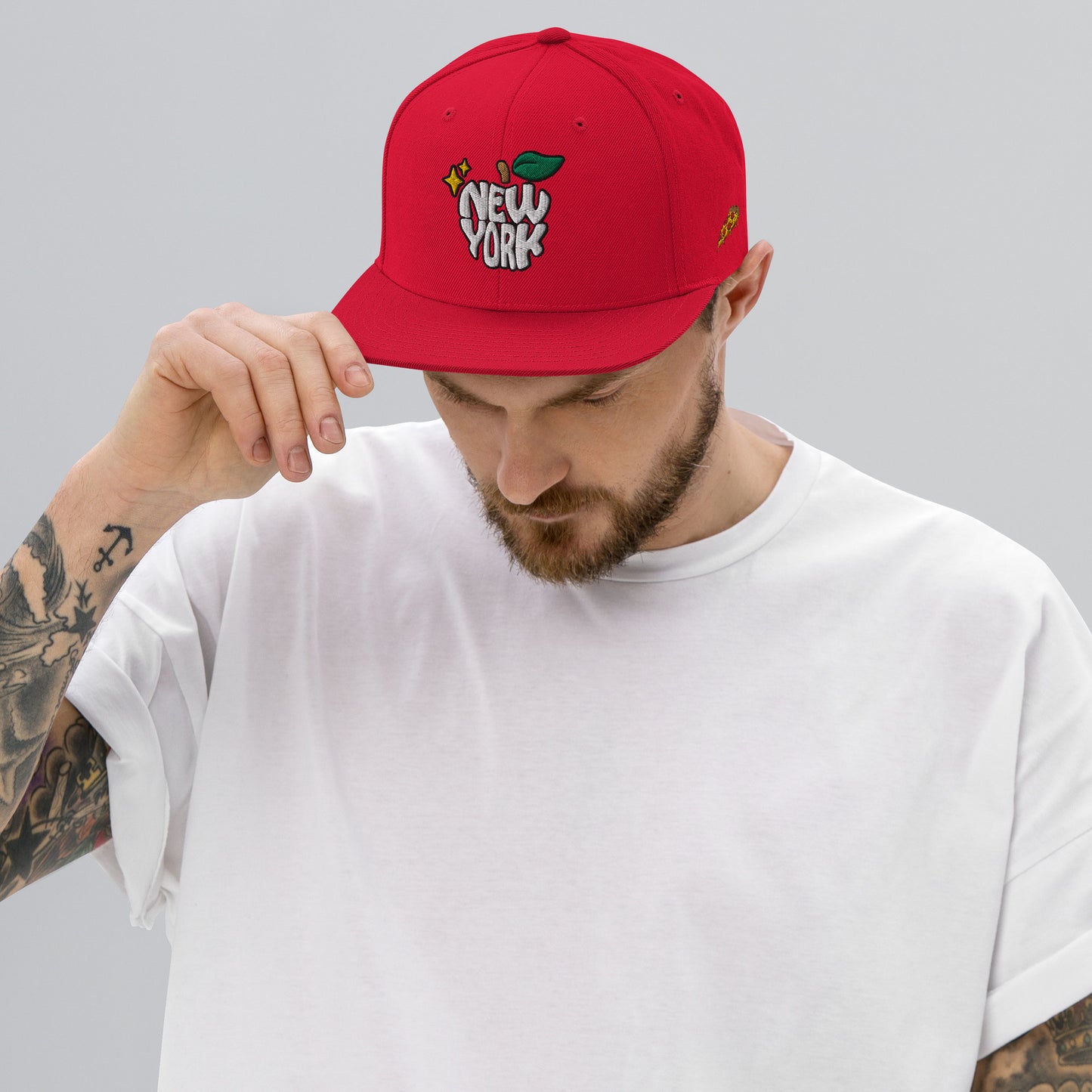 New York Apple Logo Embroidered Red Snapback Hat (Pizza) Scattered Streetwear
