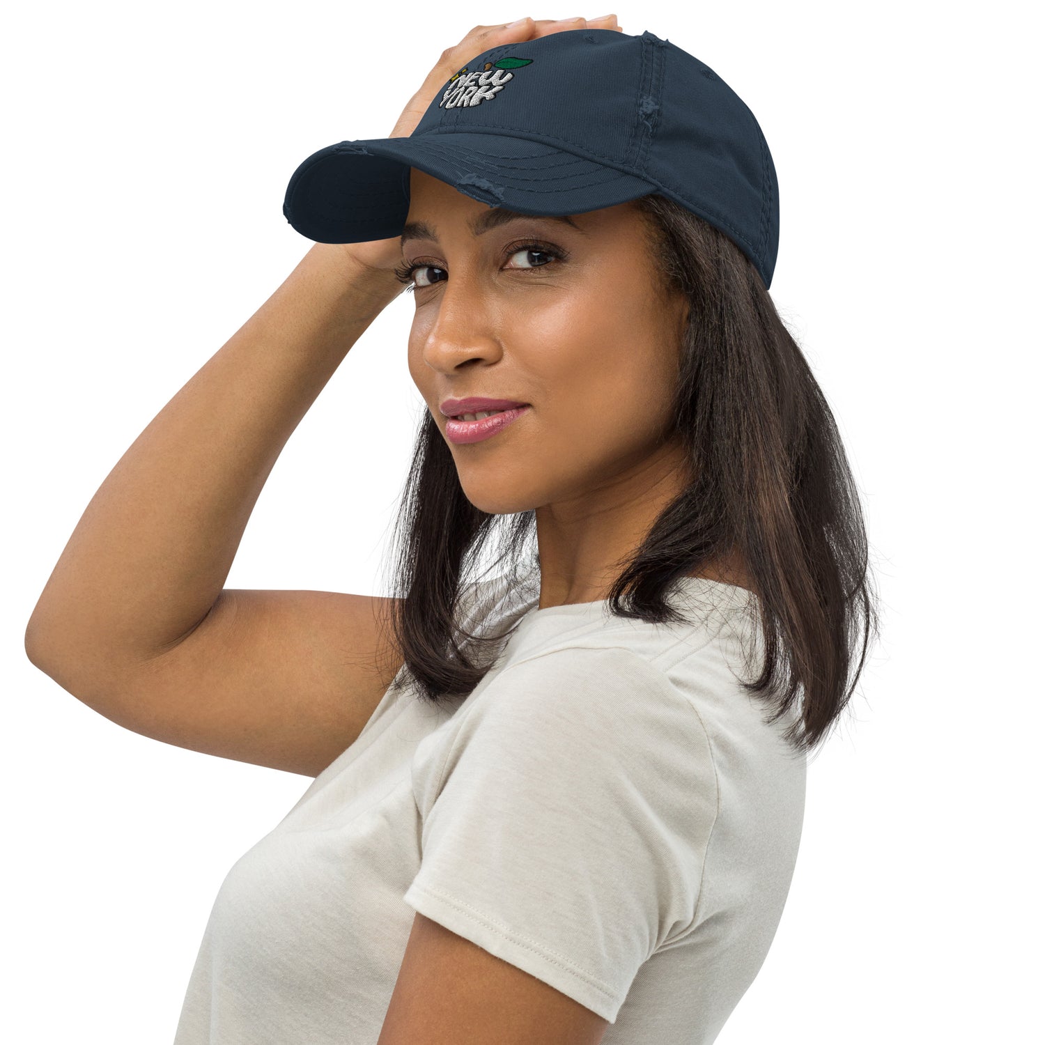 New York Apple Logo Embroidered Navy Blue Distressed Dad Hat Scattered Streetwear