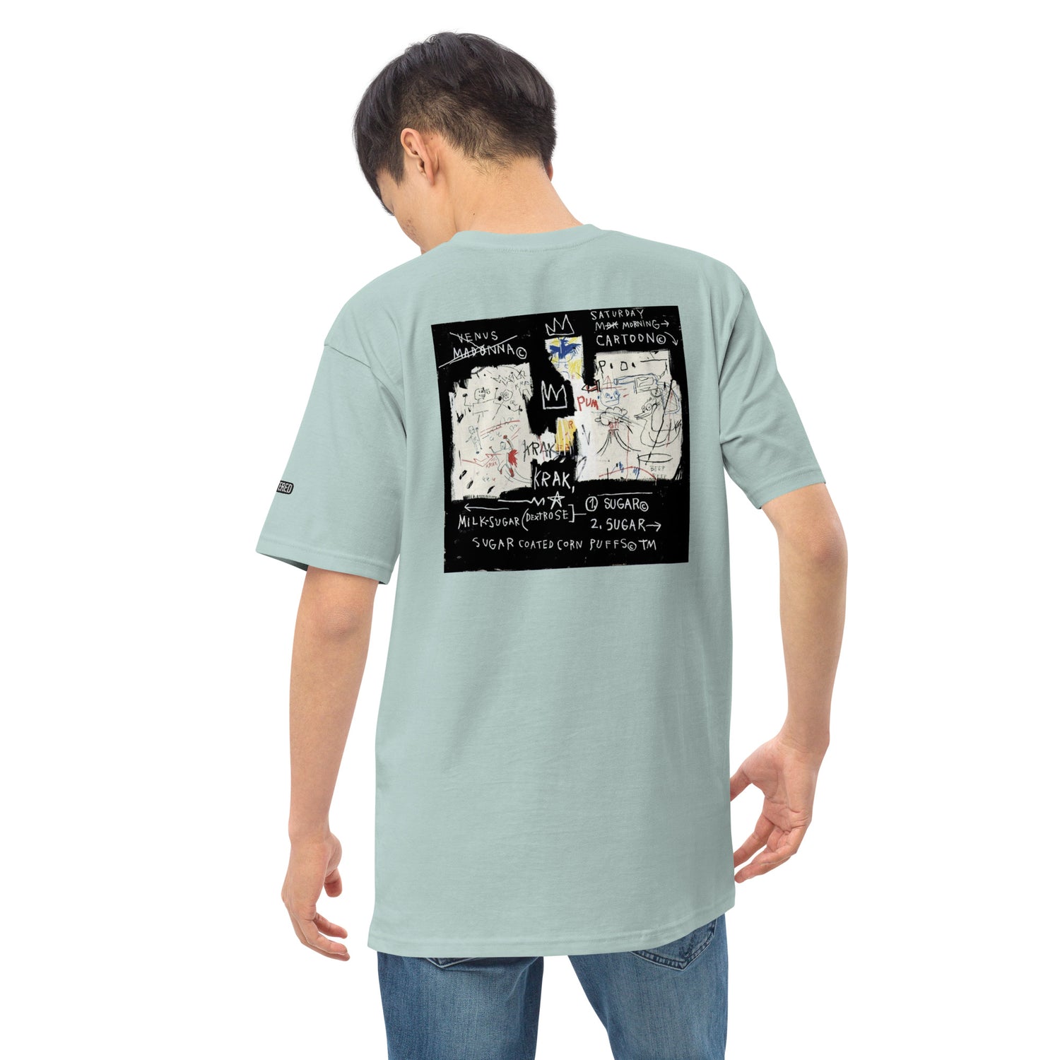 Jean-Michel Basquiat "A Panel of Experts" Artwork Printed Premium Agave Blue Streetwear Crewneck T-shirt Scattered