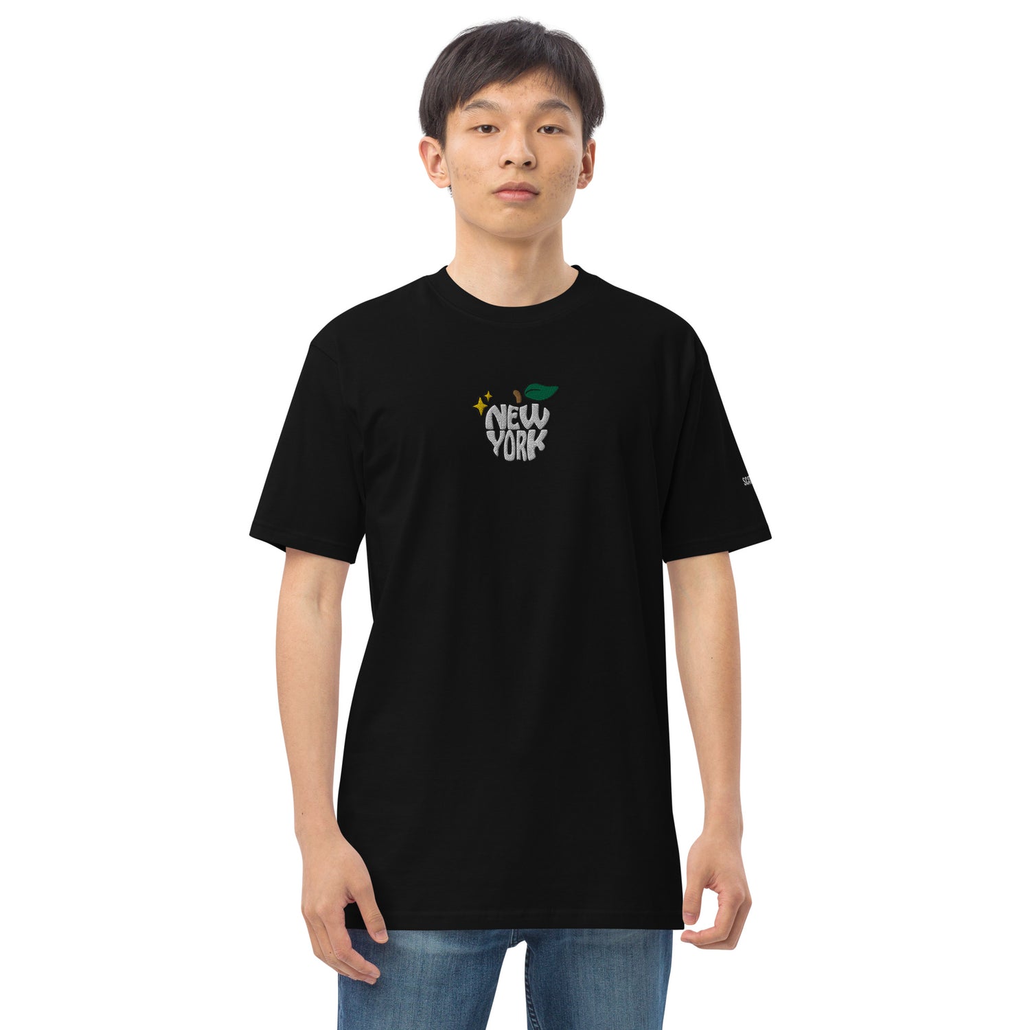 New York Apple Logo Embroidered Black T-Shirt Scattered Streetwear