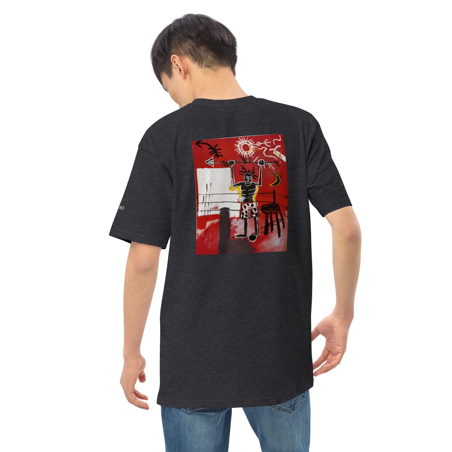 Jean-Michel Basquiat "The Ring" Artwork Embroidered + Printed Premium Charcoal Grey Streetwear T-shirt Scattered