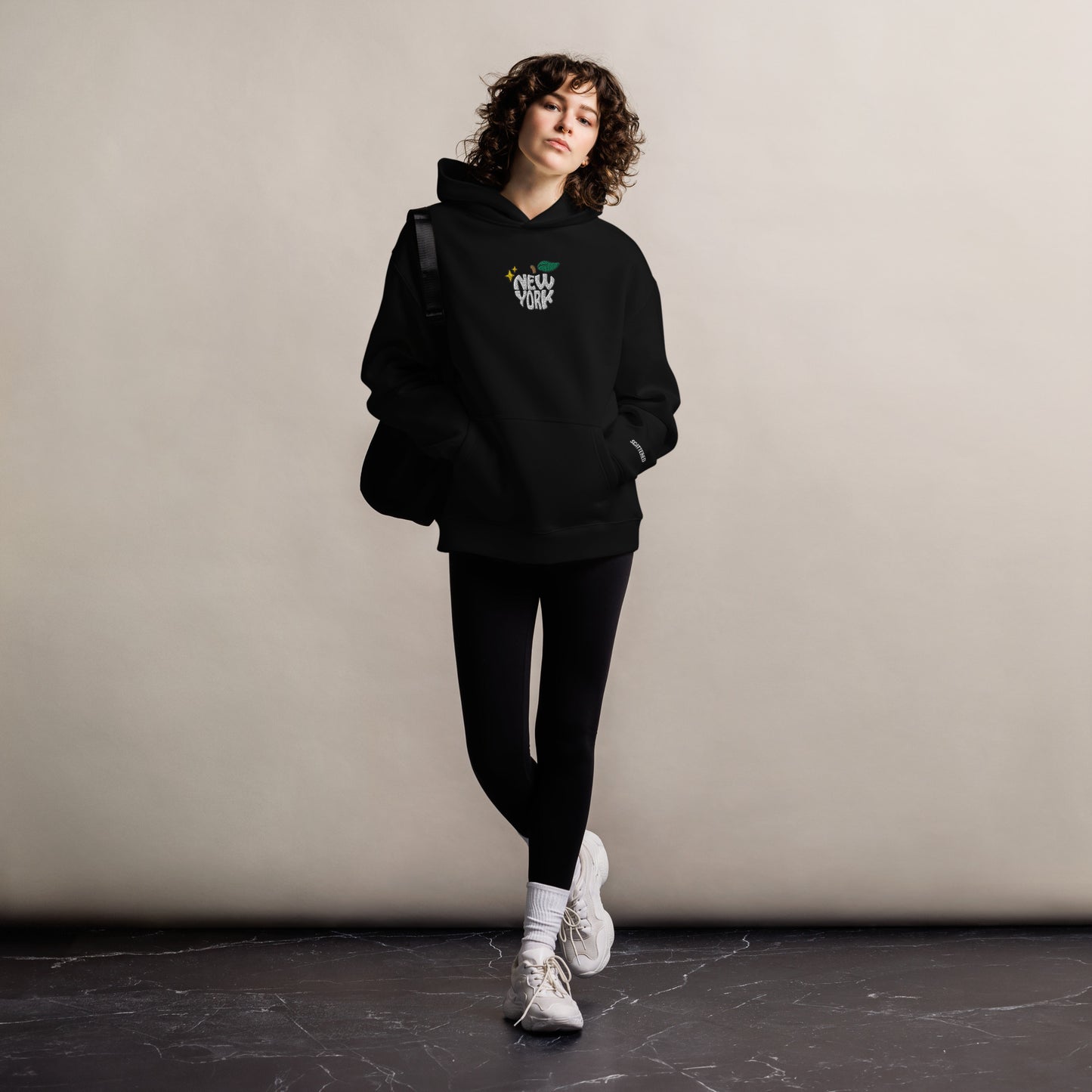 New York Apple Logo Embroidered Black Streetwear Hoodie Sweatshirt | Scattered