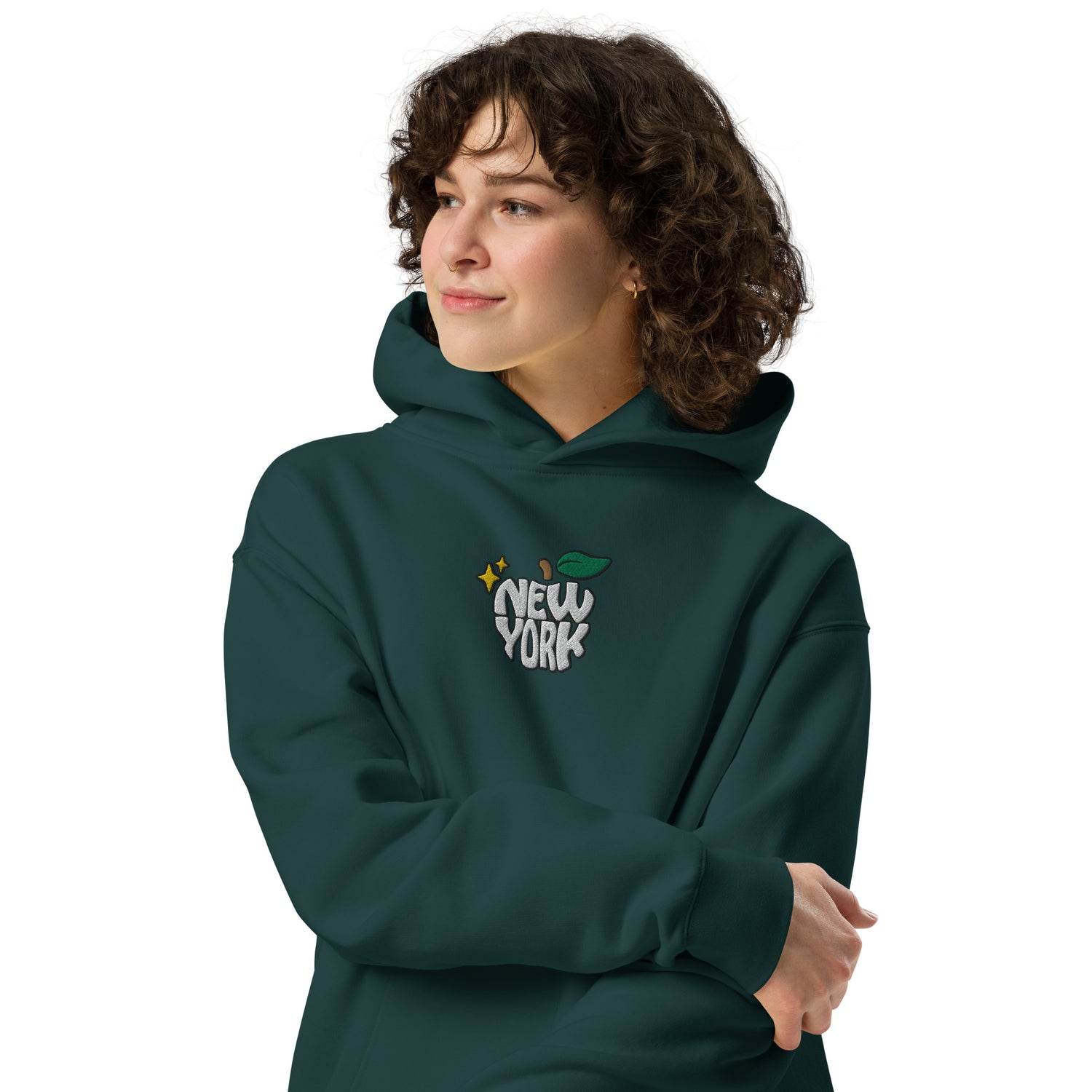 New York Apple Logo Embroidered Spruce Green Streetwear Hoodie Sweatshirt | Scattered