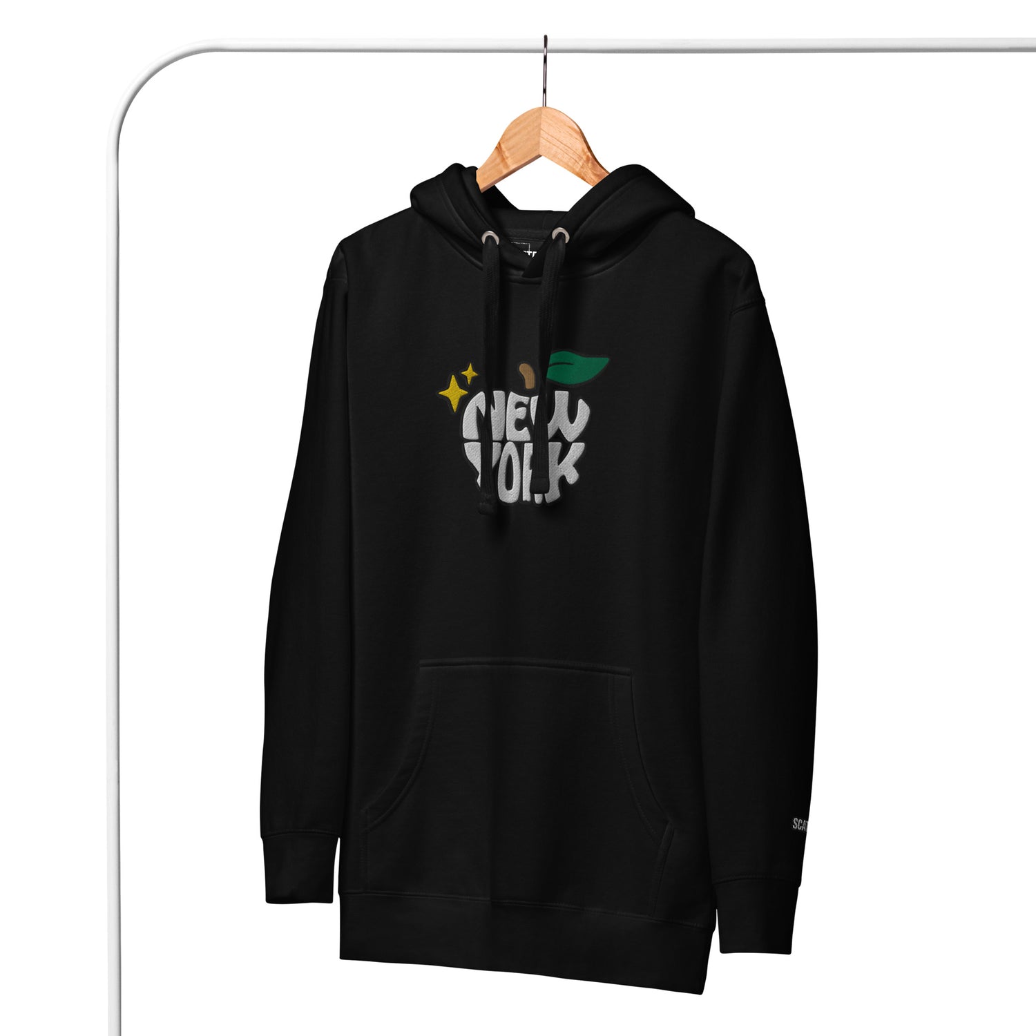 New York Apple Logo Embroidered Black Streetwear Hoodie Sweatshirt | Scattered