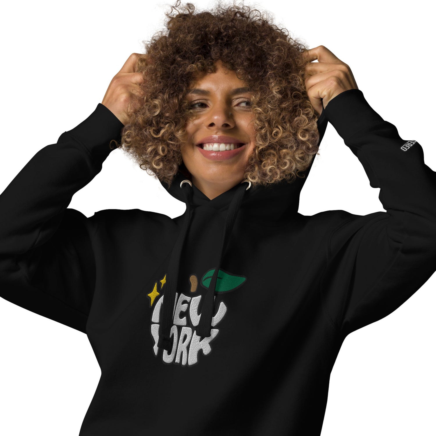 New York Apple Logo Embroidered Black Streetwear Hoodie Sweatshirt | Scattered