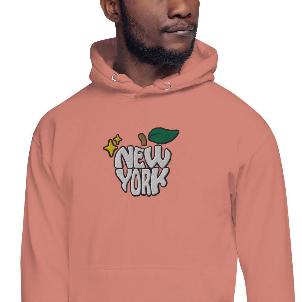 New York Apple Logo Embroidered Salmon Pink Streetwear Hoodie Sweatshirt | Scattered