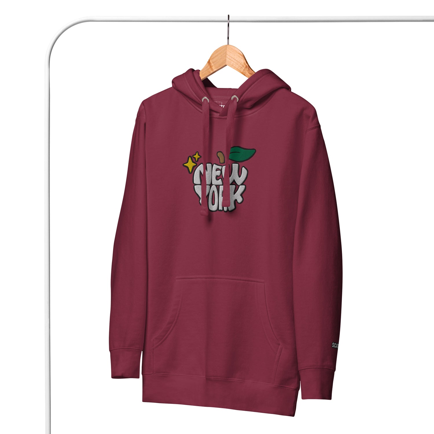 New York Apple Logo Embroidered Burgundy Streetwear Hoodie Sweatshirt | Scattered
