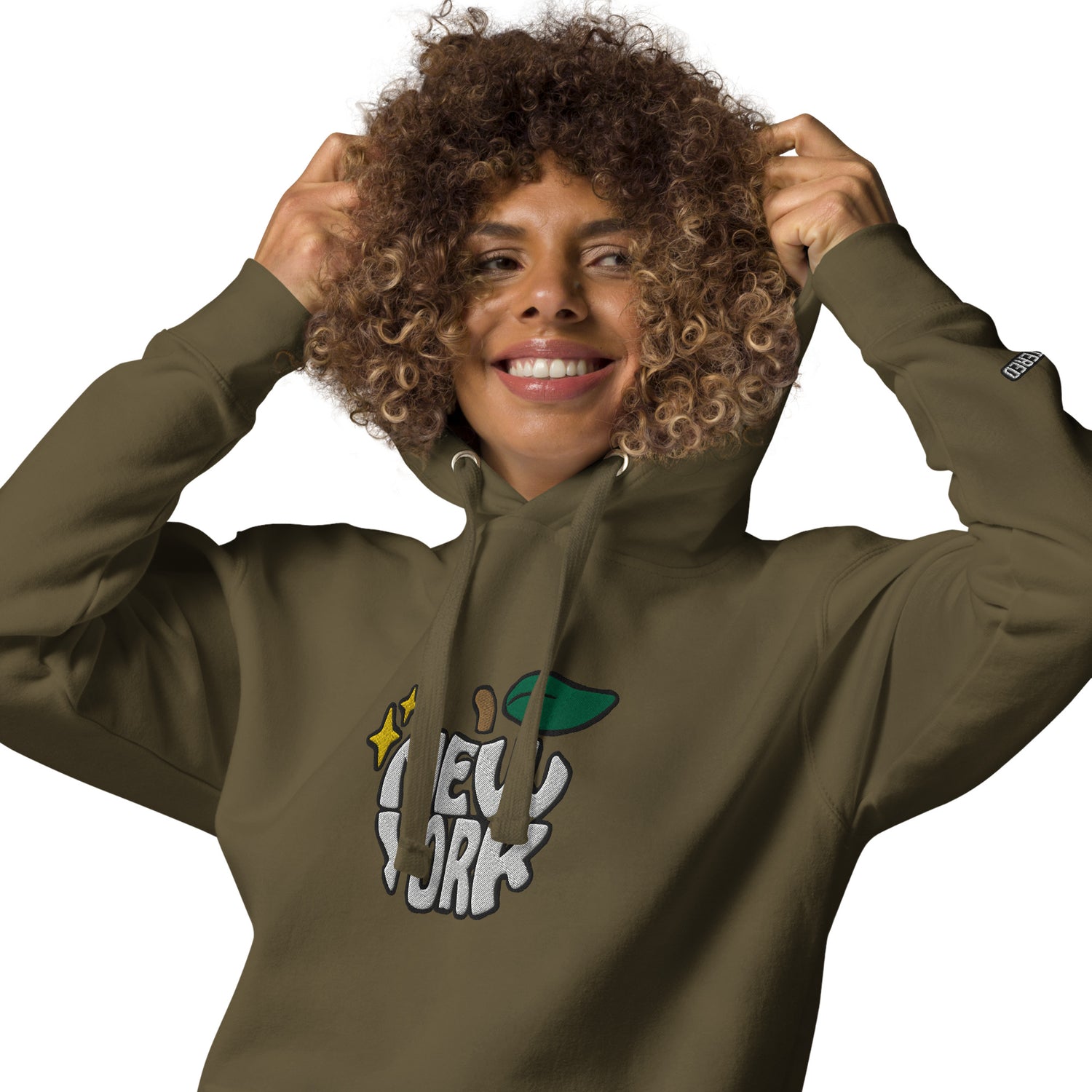 New York Apple Logo Embroidered Olive Green Streetwear Hoodie Sweatshirt | Scattered