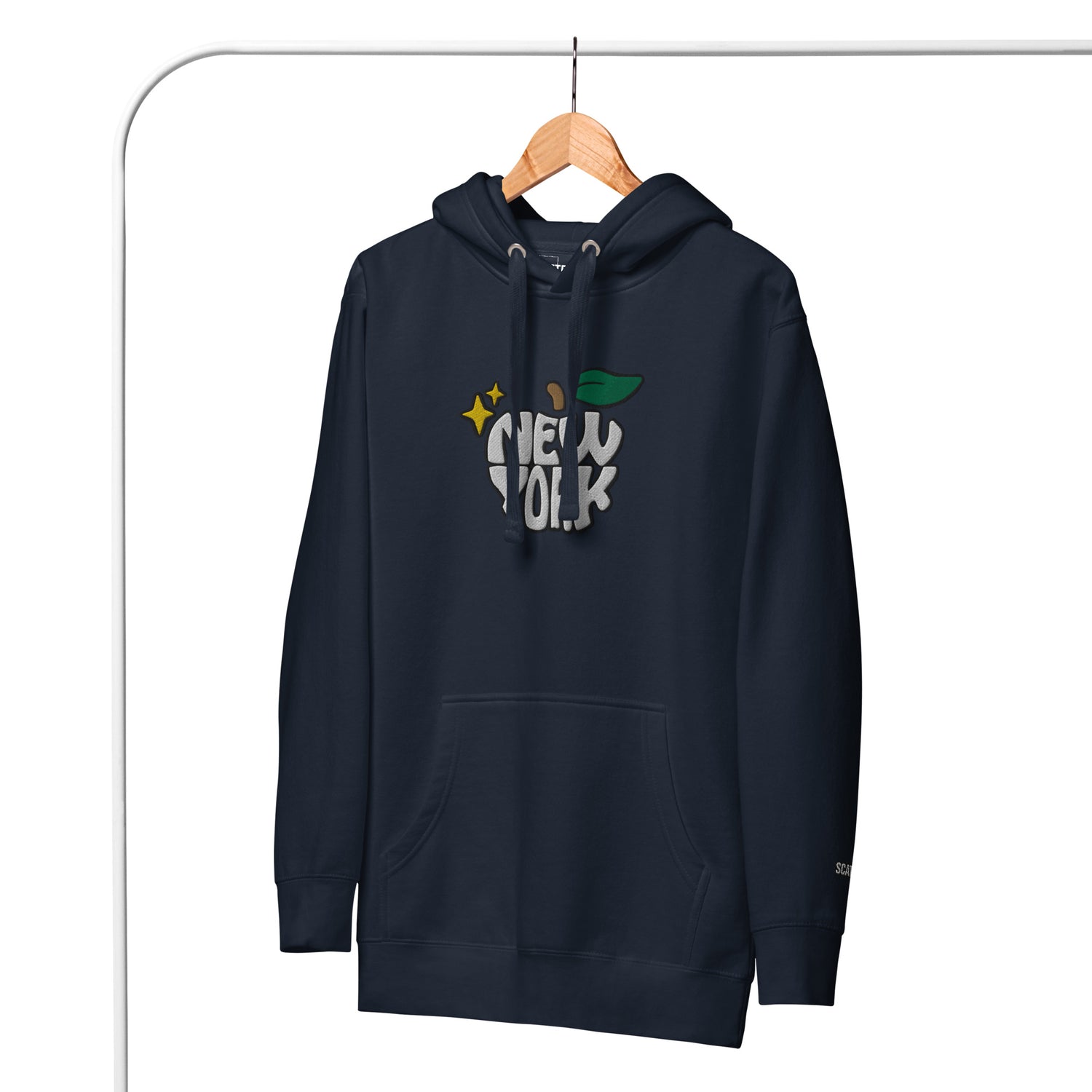 New York Apple Logo Embroidered Navy Blue Streetwear Hoodie Sweatshirt | Scattered
