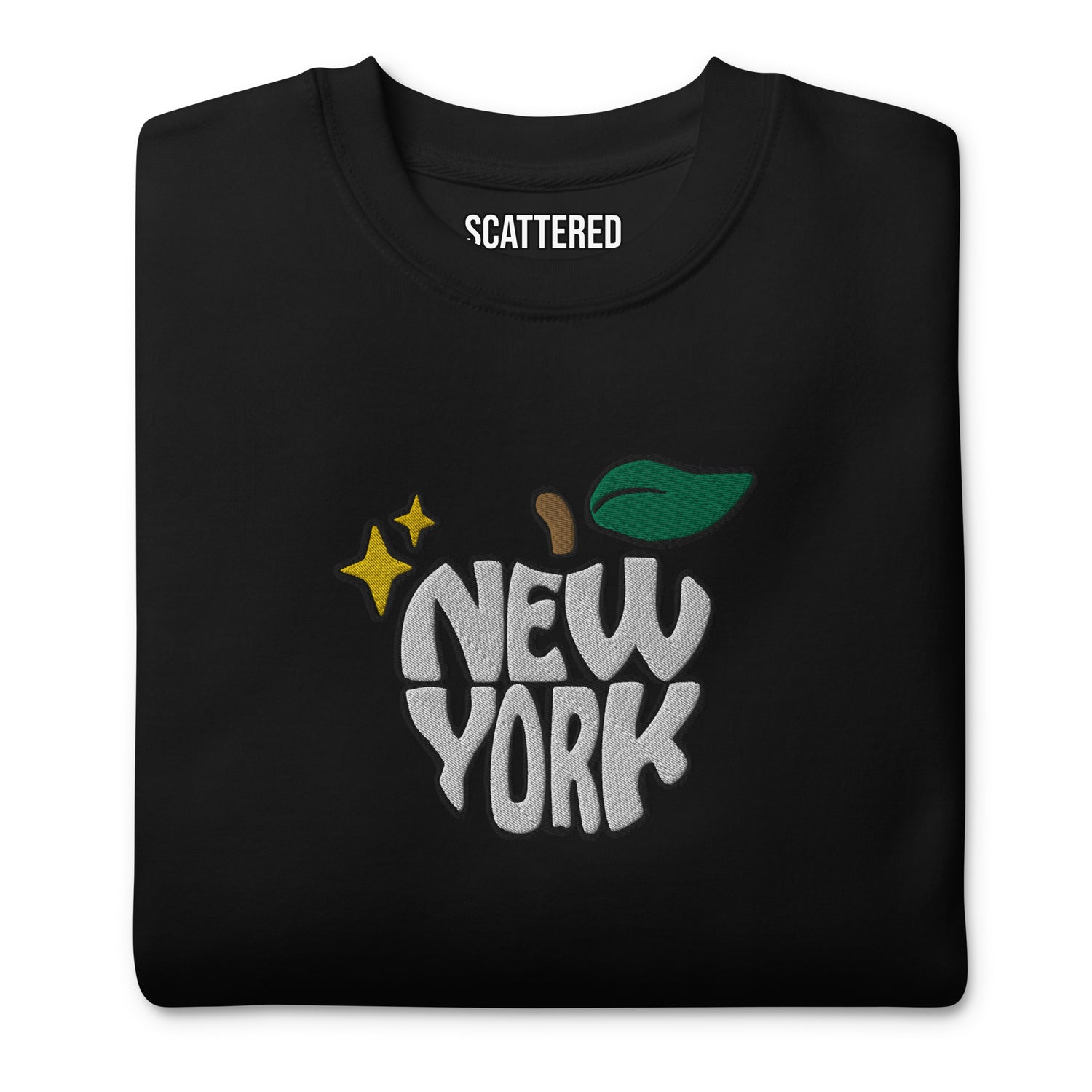 New York Apple Logo Embroidered Black Crewneck Sweatshirt Scattered Streetwear