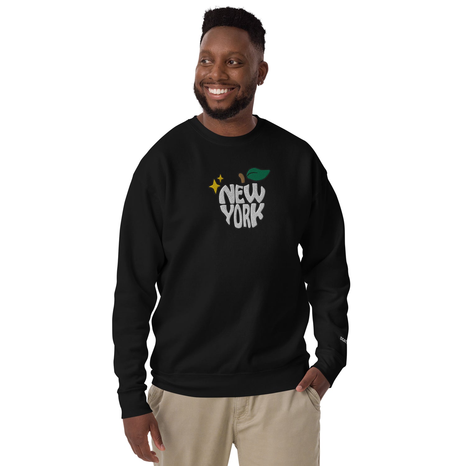 New York Apple Logo Embroidered Black Crewneck Sweatshirt Scattered Streetwear