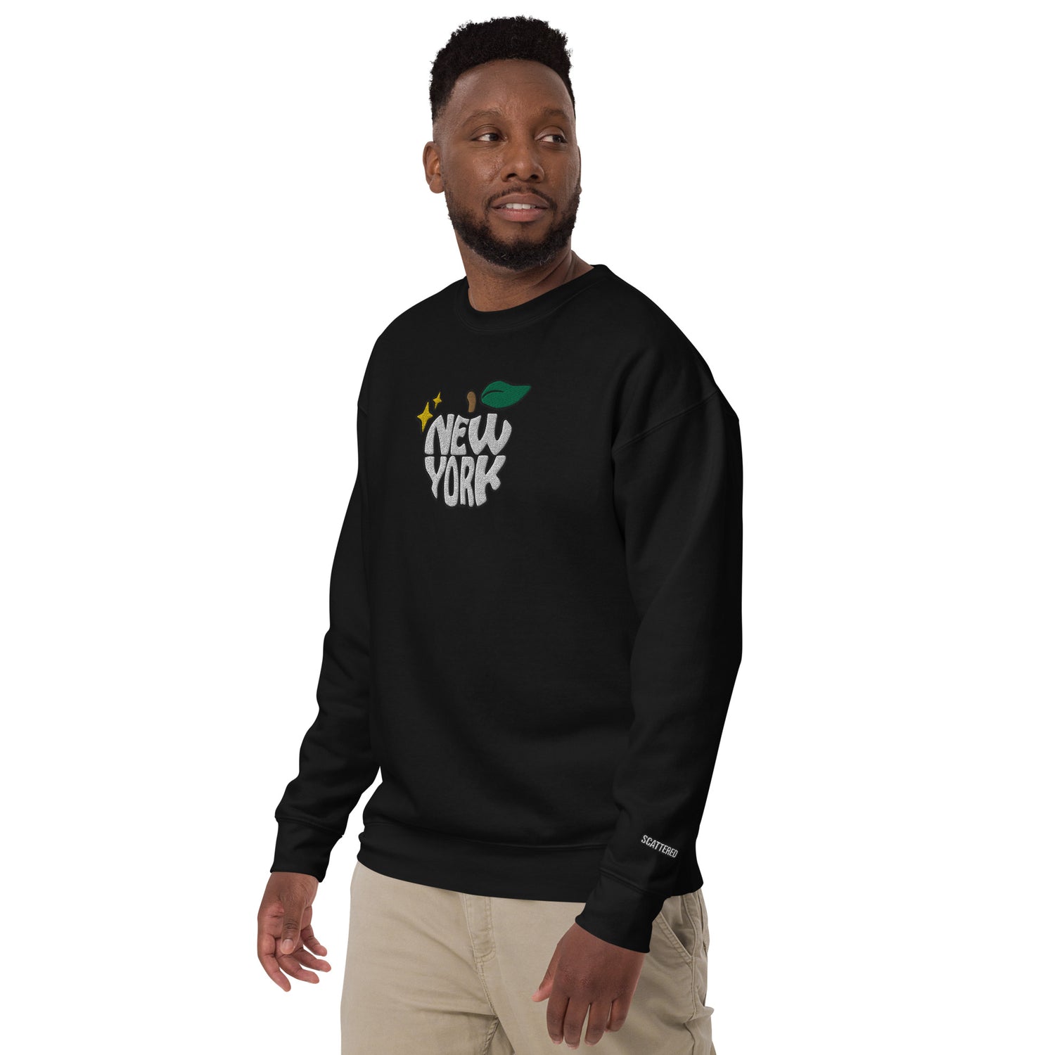 New York Apple Logo Embroidered Black Crewneck Sweatshirt Scattered Streetwear