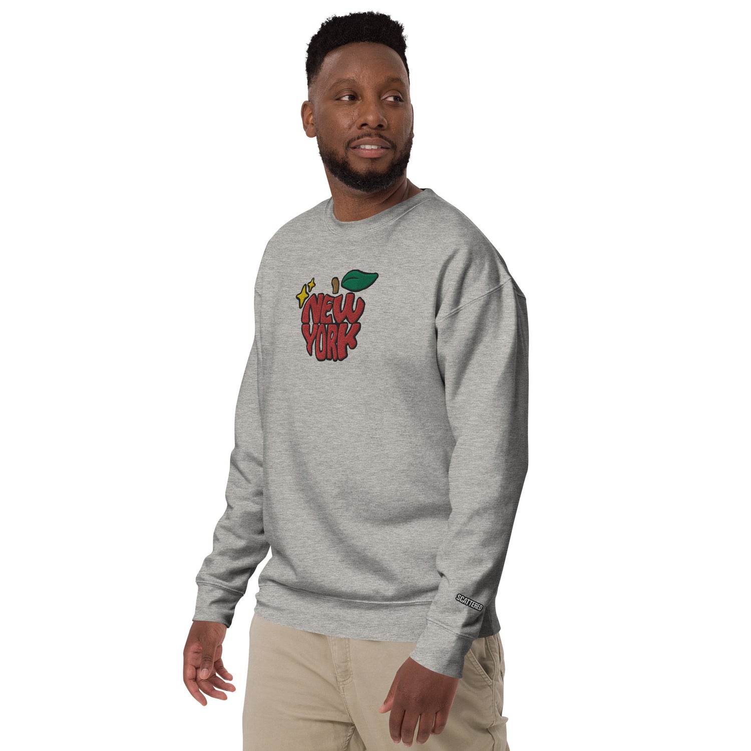 New York Apple Logo Embroidered Grey Crewneck Sweatshirt Scattered Streetwear