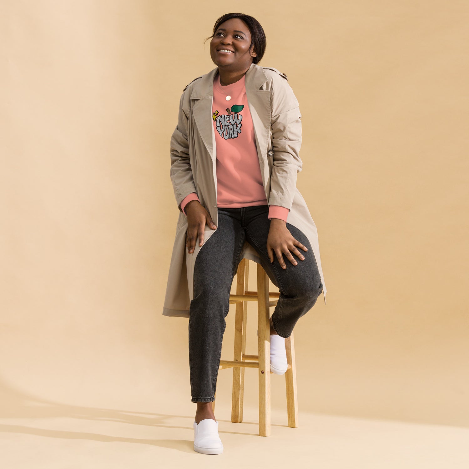 New York Apple Logo Embroidered Salmon Pink Crewneck Sweatshirt Scattered Streetwear