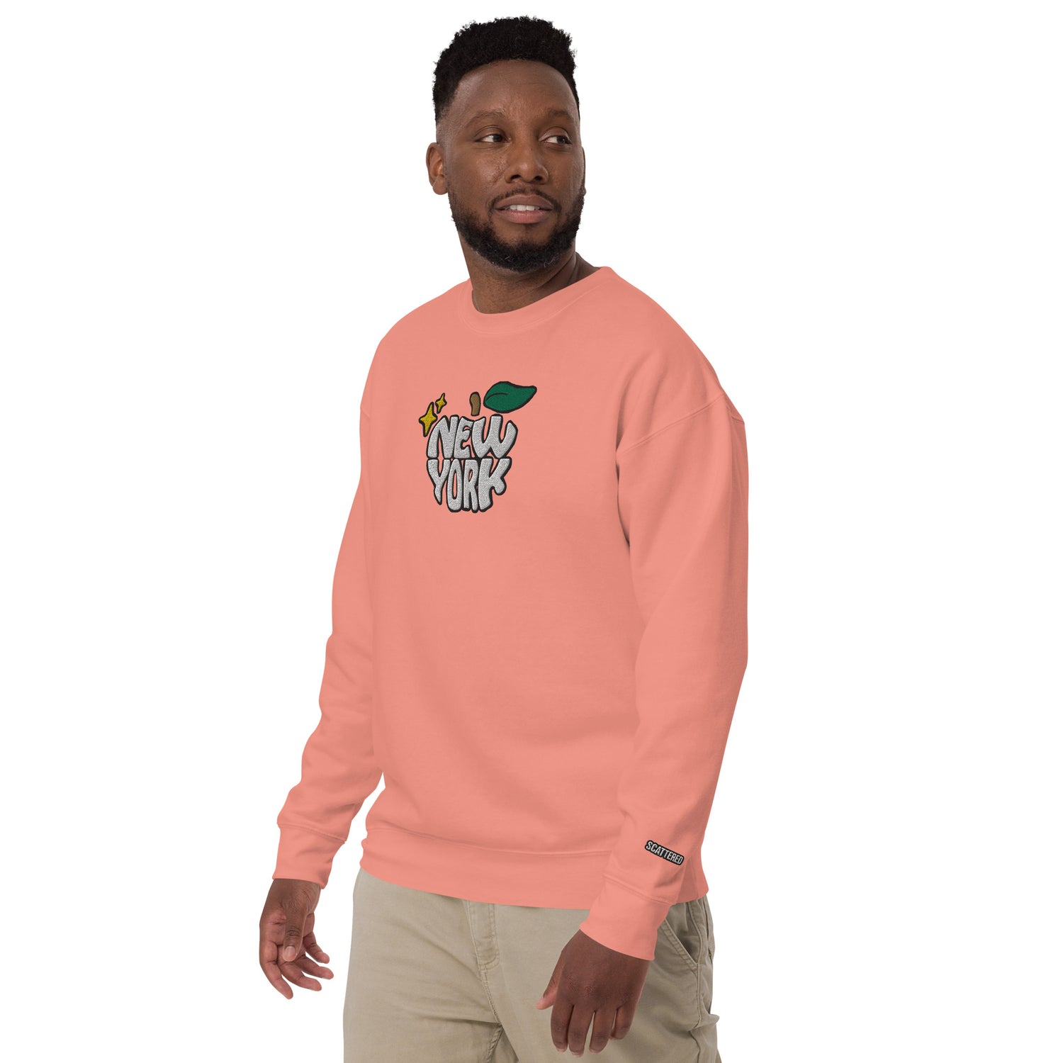 New York Apple Logo Embroidered Salmon Pink Crewneck Sweatshirt Scattered Streetwear