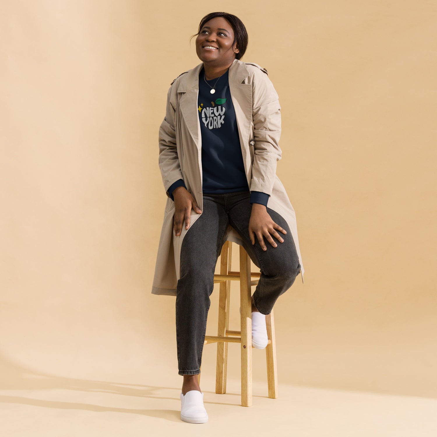 New York Apple Logo Embroidered Navy Blue Crewneck Sweatshirt Scattered Streetwear