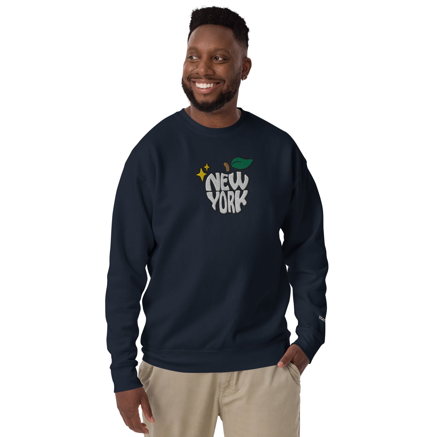 New York Apple Logo Embroidered Navy Blue Crewneck Sweatshirt Scattered Streetwear
