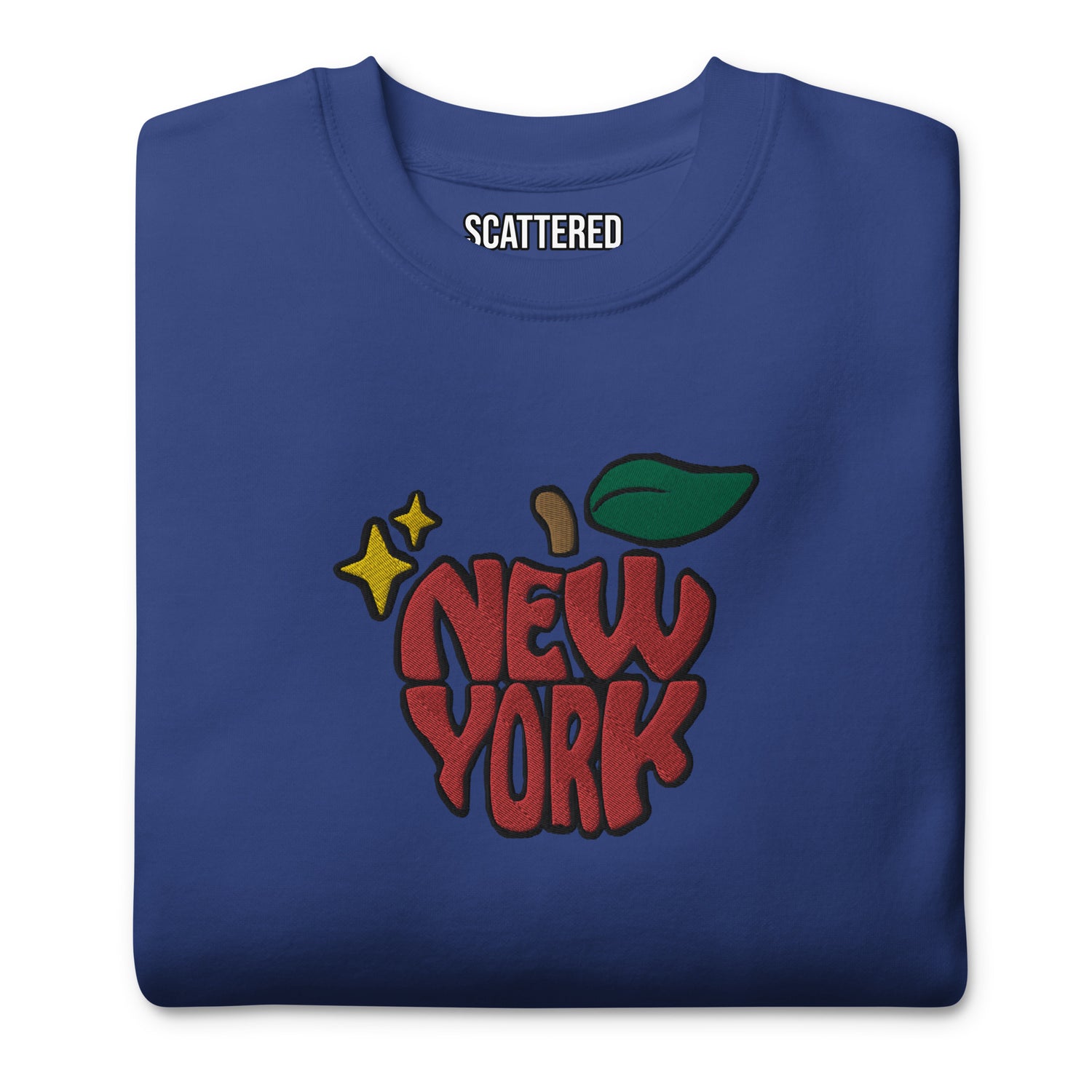 New York Apple Logo Embroidered Royal Blue Crewneck Sweatshirt Scattered Streetwear