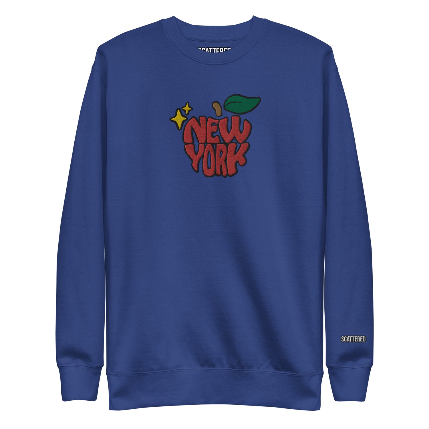 New York Apple Logo Embroidered Royal Blue Crewneck Sweatshirt Scattered Streetwear