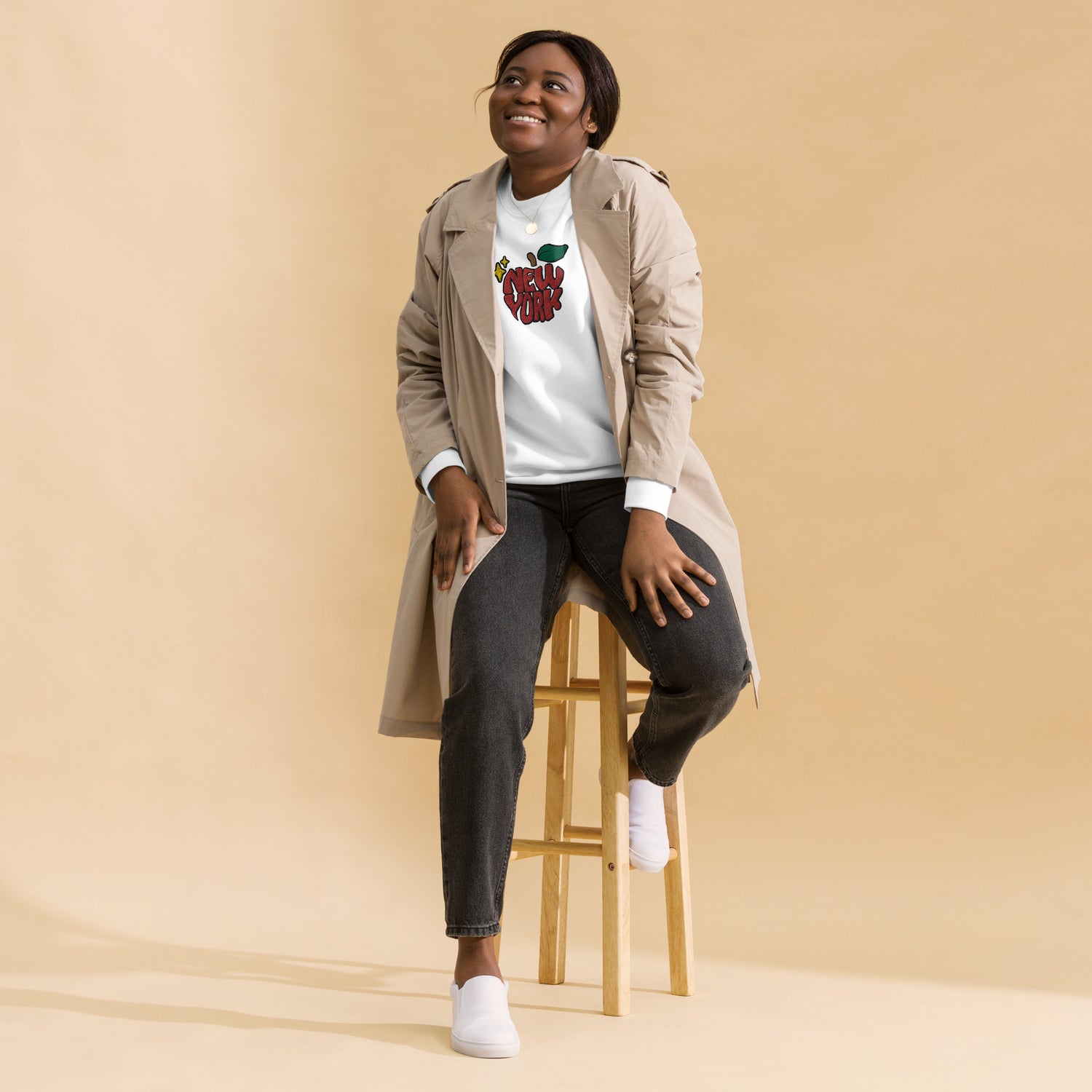 New York Apple Logo Embroidered White Crewneck Sweatshirt Scattered Streetwear