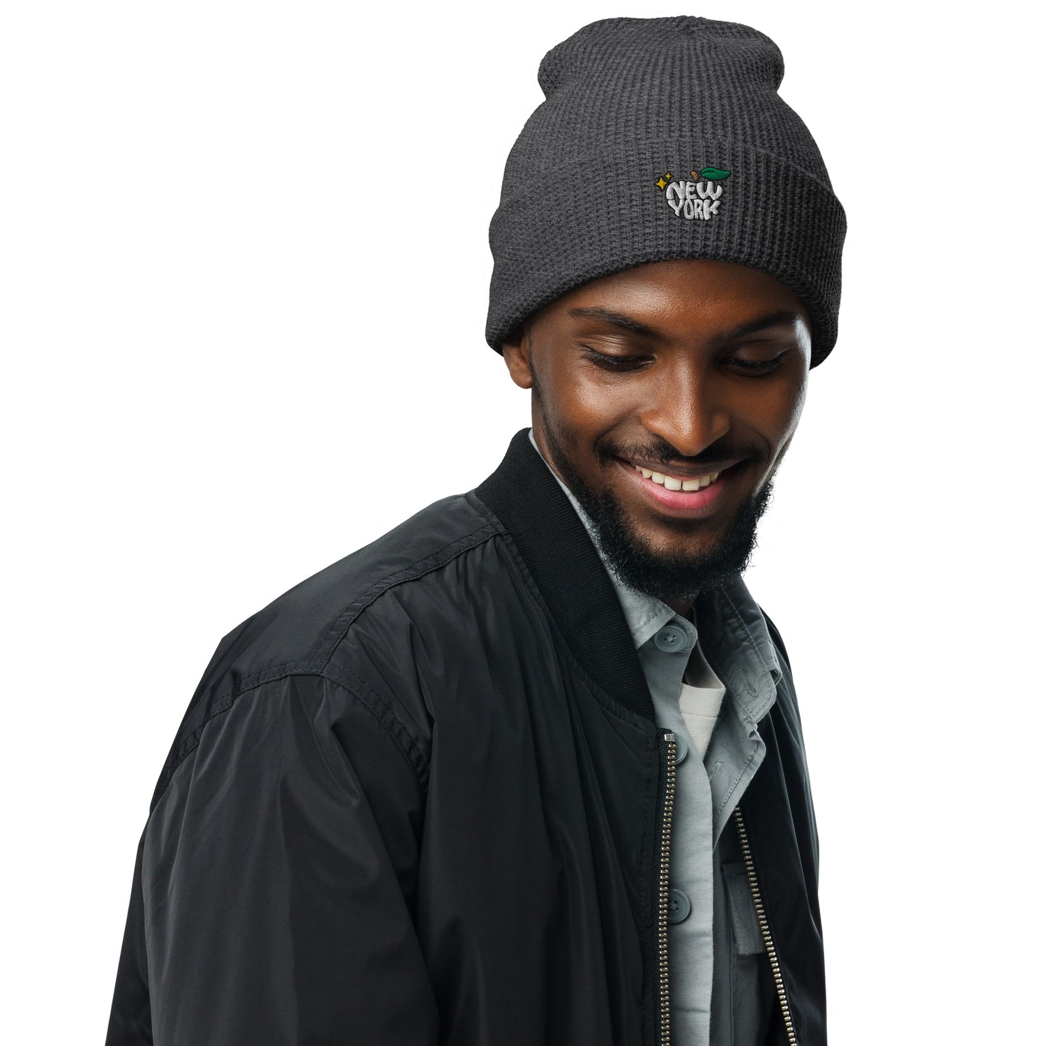 New York Apple Logo Embroidered Grey Waffle Beanie Hat Scattered Streetwear