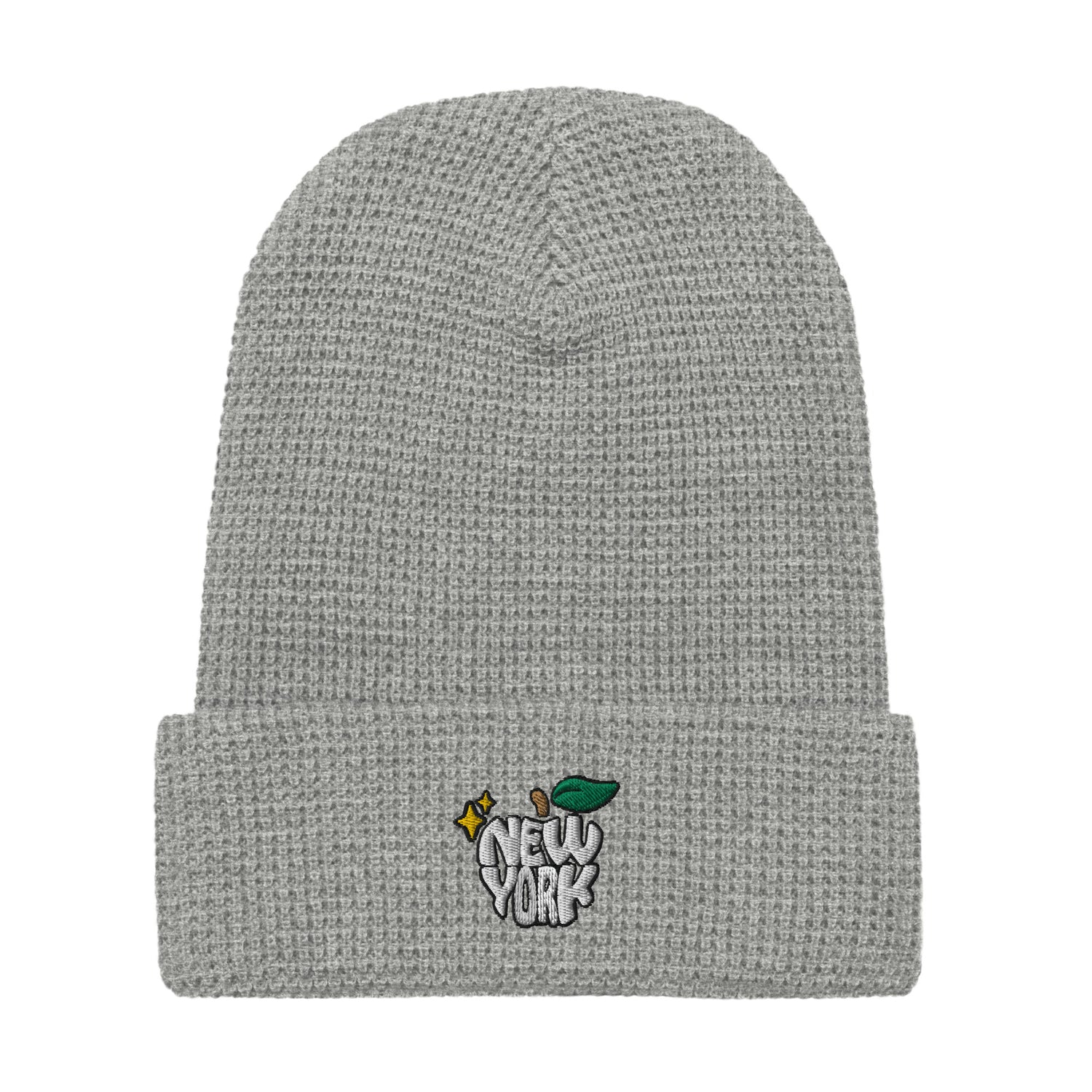 New York Apple Logo Embroidered Grey Waffle Beanie Hat Scattered Streetwear