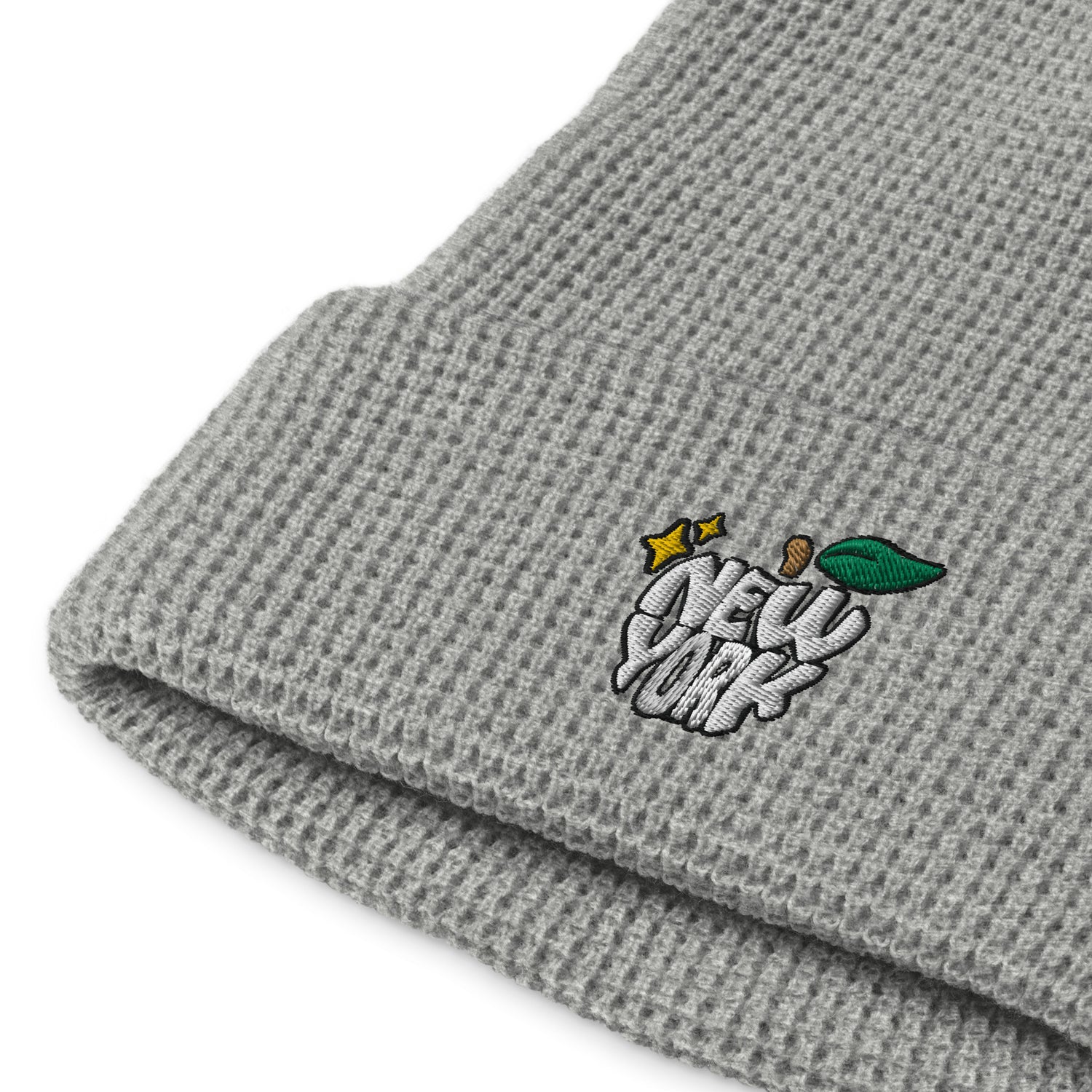 New York Apple Logo Embroidered Grey Waffle Beanie Hat Scattered Streetwear