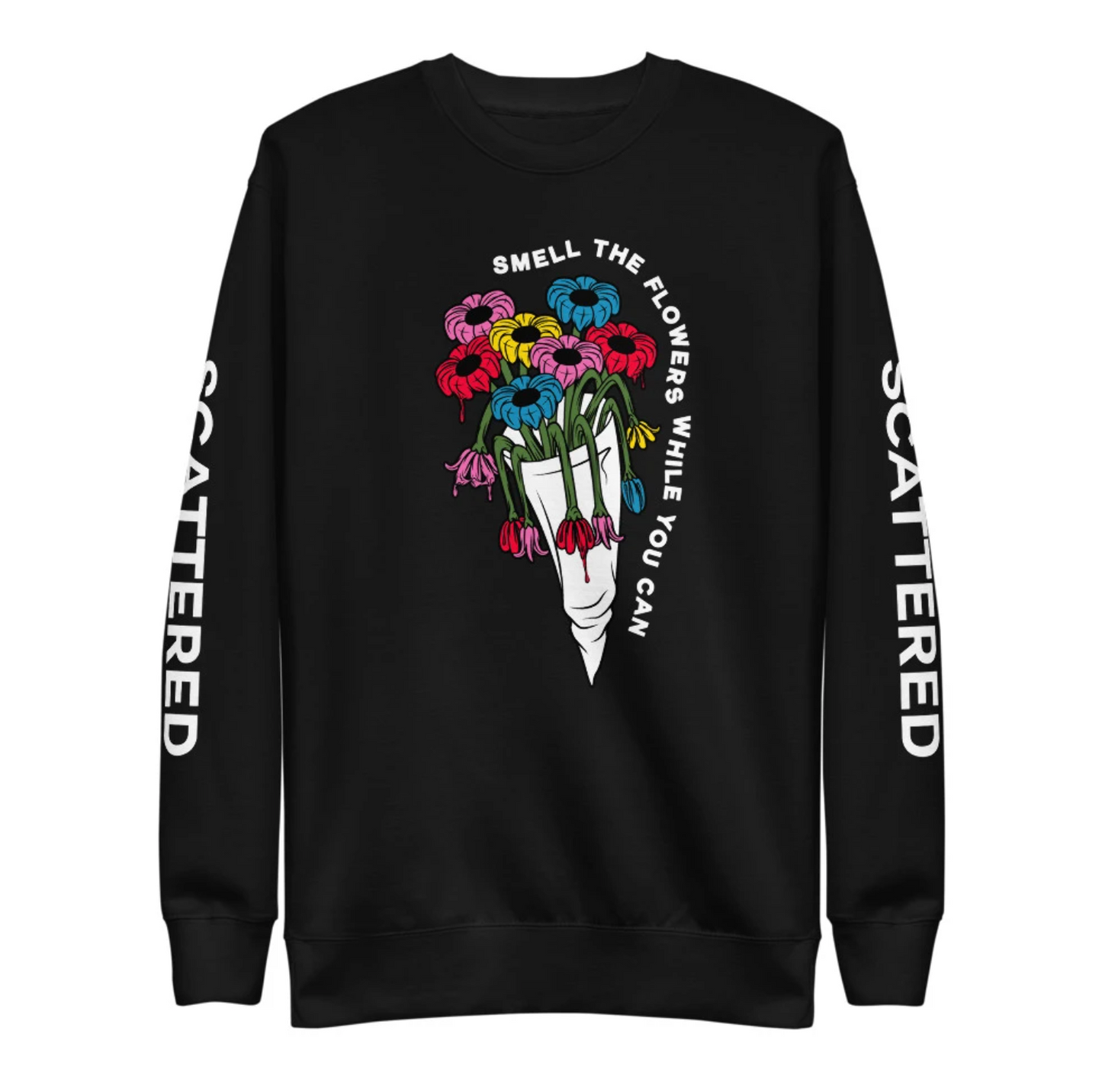 Smell The Flowers Graphic Print Black French Terry Sweatshirt Printed Sleeves | Mens Clothing Streetwear Scattered Dripped Gawd Dizzuane Crewneck