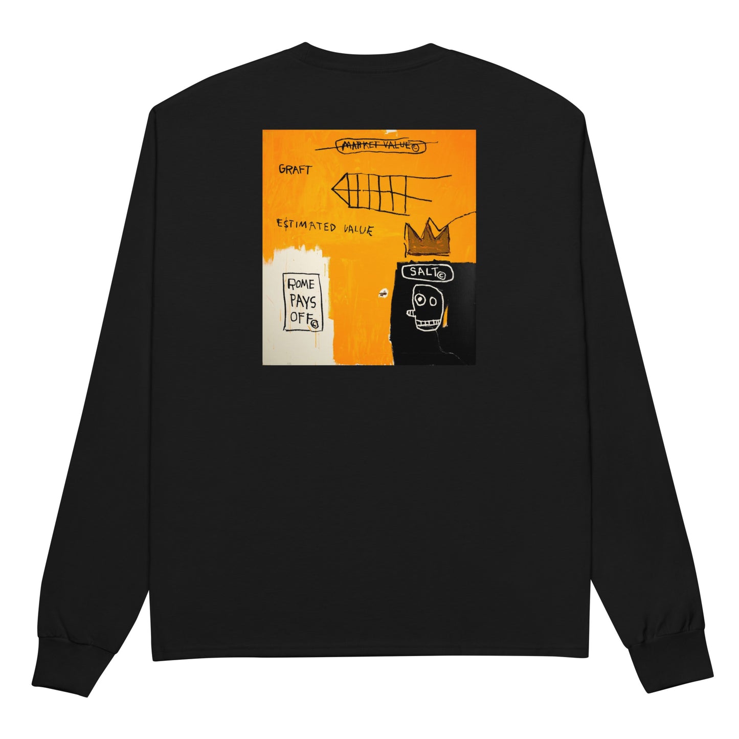 Jean-Michel Basquiat "Rome Pays Off" Artwork Embroidered + Printed Premium Champion Streetwear Long Sleeve Shirt Black