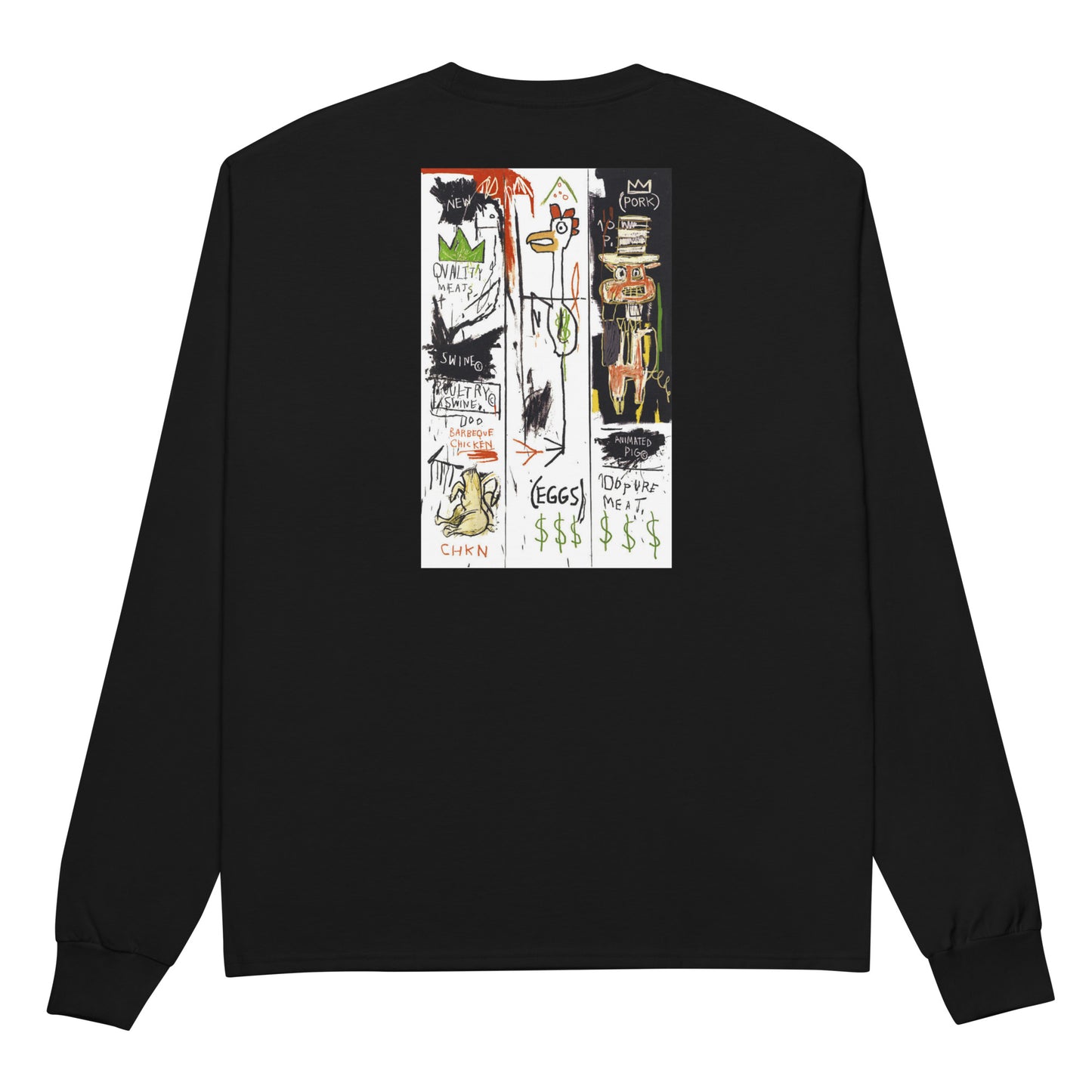 Jean-Michel Basquiat "Quality Meats for the Public" Artwork Embroidered + Printed Premium Champion Streetwear Long Sleeve Shirt Black