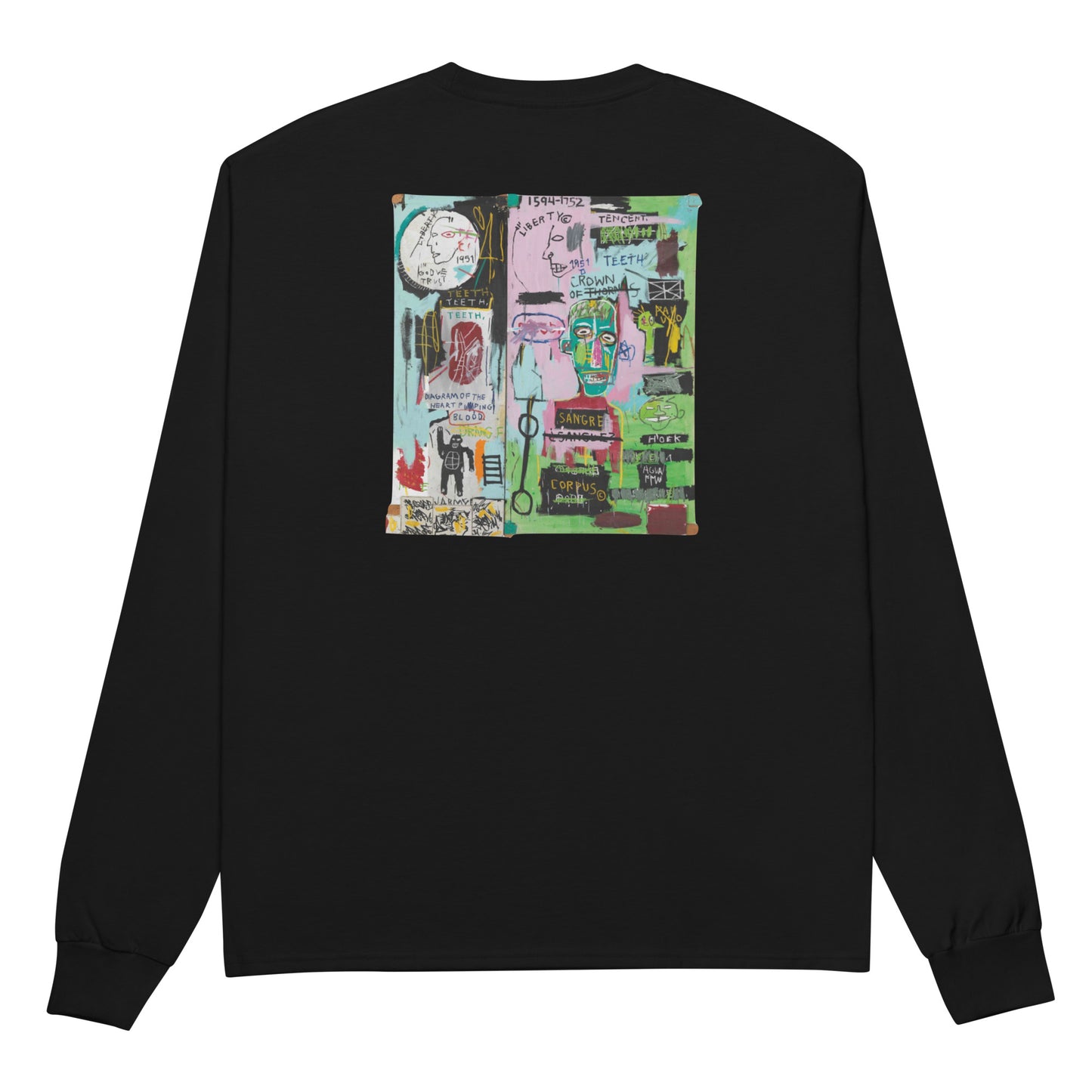 Jean-Michel Basquiat "In Italian" Artwork Embroidered + Printed Premium Champion Streetwear Long Sleeve Shirt Black