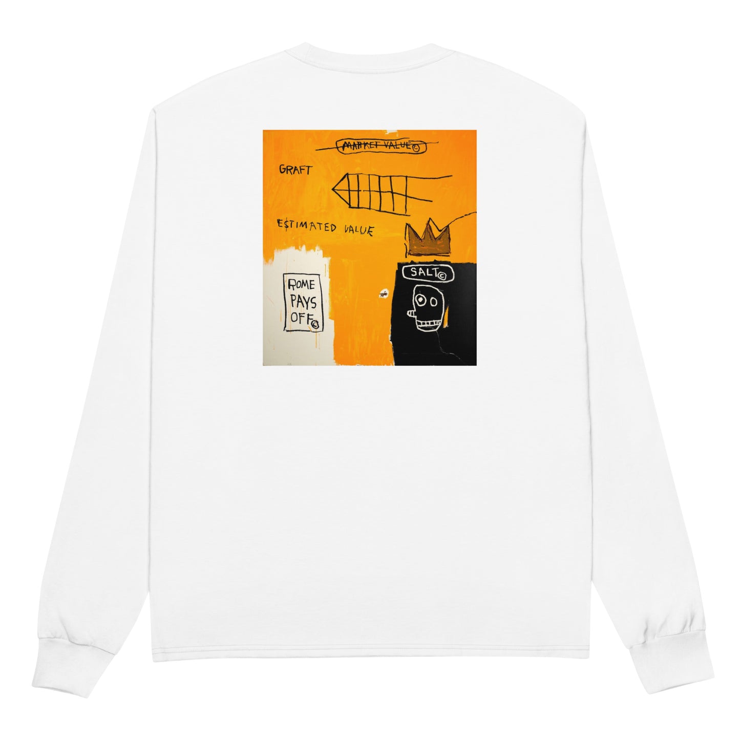 Jean-Michel Basquiat "Rome Pays Off" Artwork Embroidered + Printed Premium Champion Streetwear Long Sleeve Shirt White