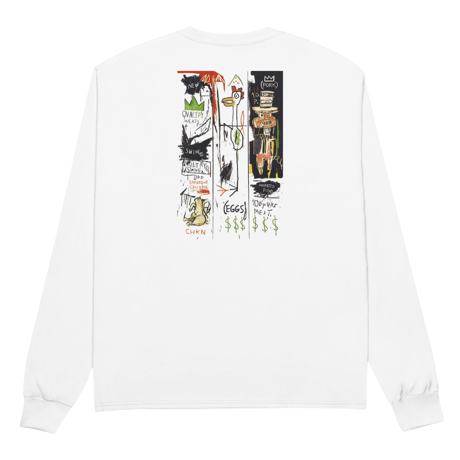 Jean-Michel Basquiat "Quality Meats for the Public" Artwork Embroidered + Printed Premium Champion Streetwear Long Sleeve Shirt White