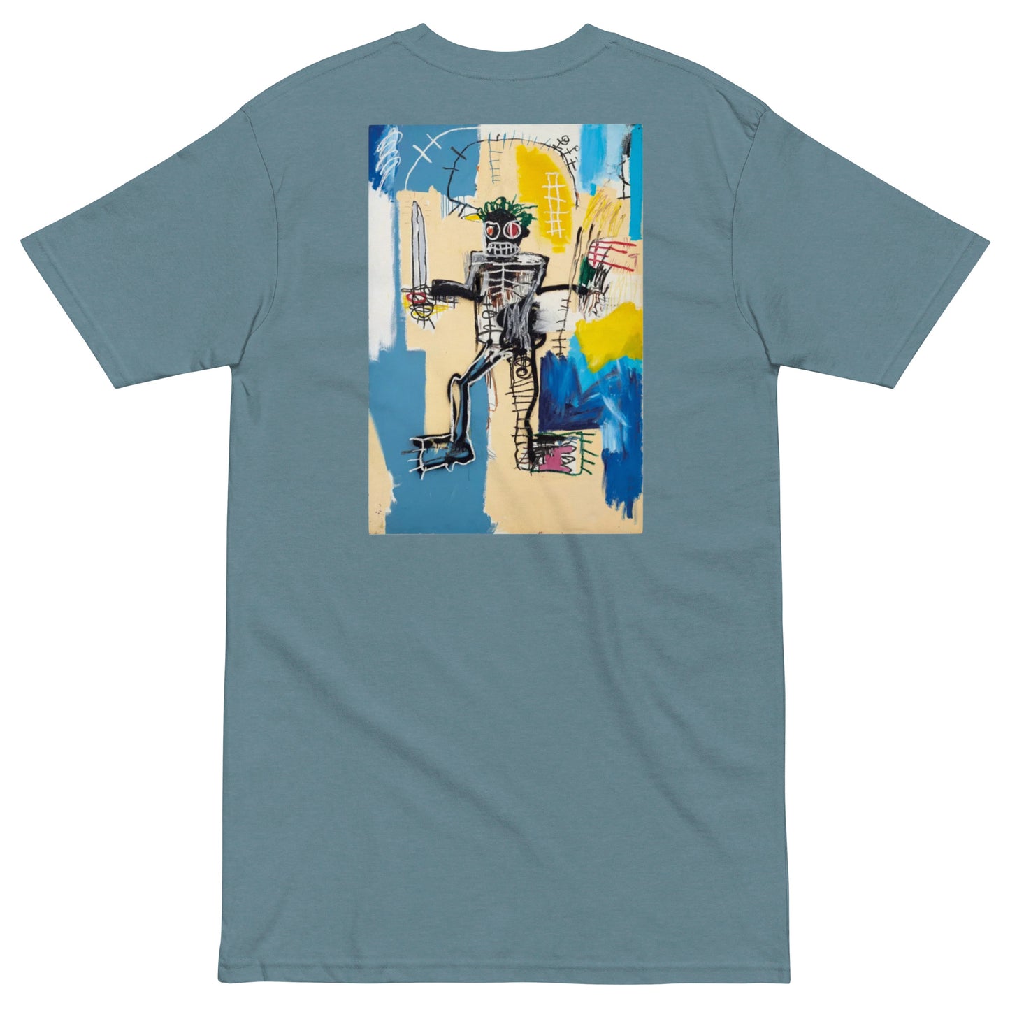 Jean-Michel Basquiat "Warrior" 1982 Artwork Embroidered + Printed Premium Streetwear T-shirt Blue Agave