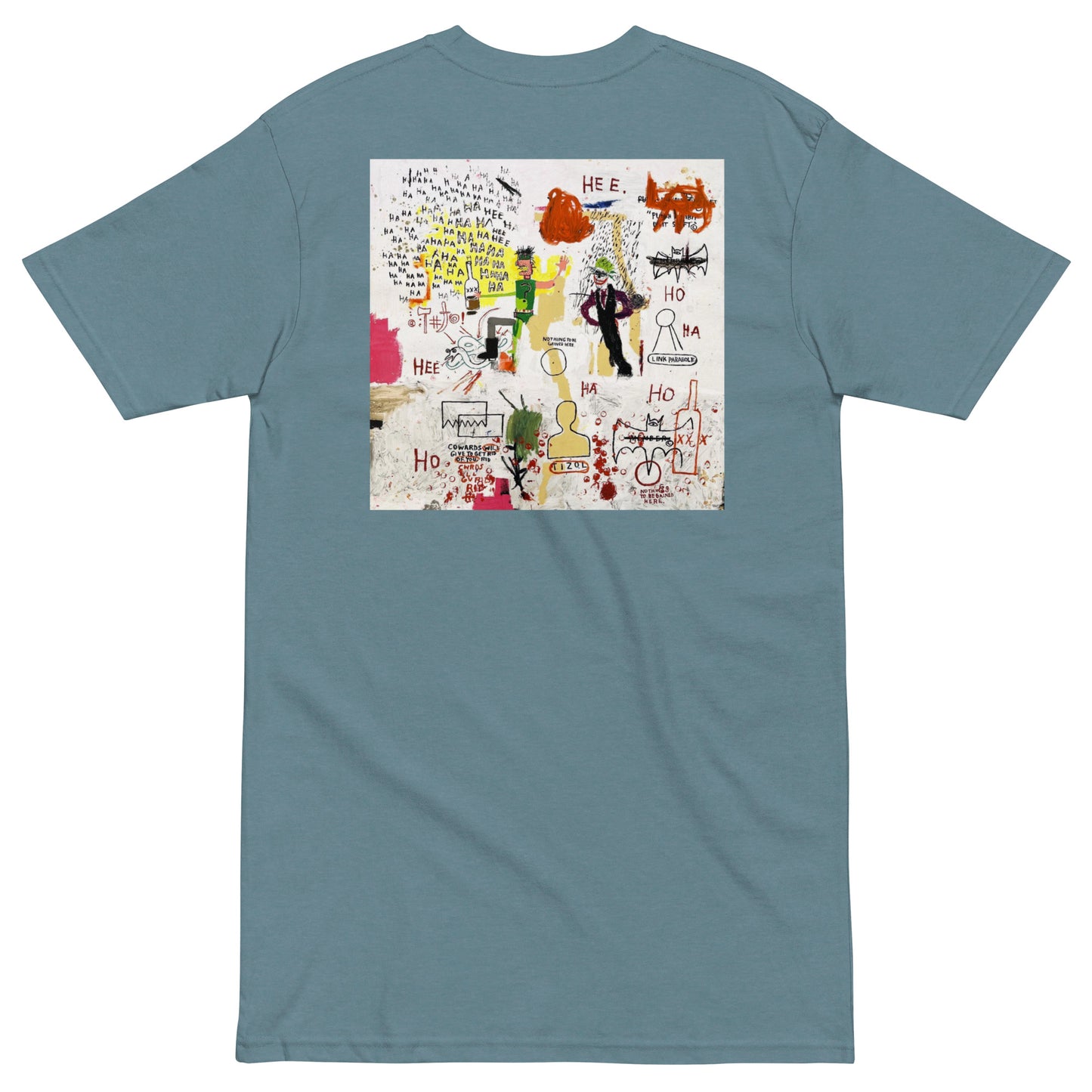 Jean-Michel Basquiat "Riddle Me This Batman" Artwork Printed Premium Streetwear Crewneck T-shirt Blue Agave