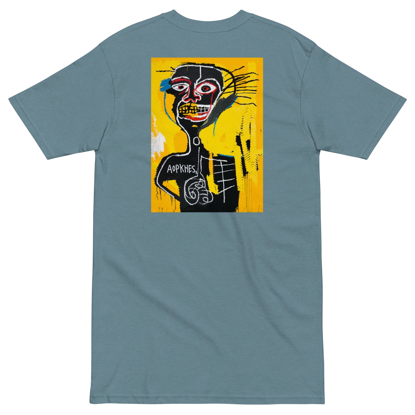 Jean-Michel Basquiat "Cabeza" Artwork Printed Premium Streetwear Crewneck T-shirt Agave Blue